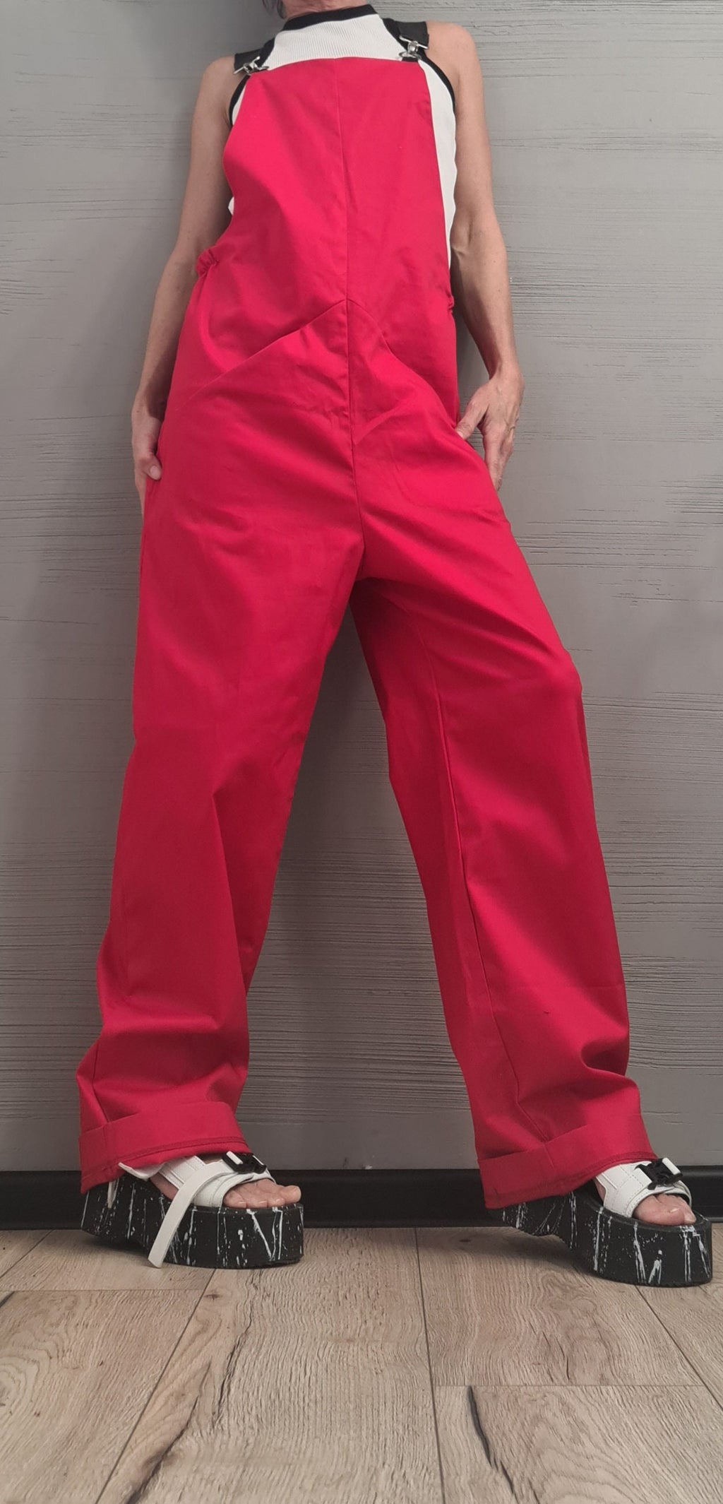 Women long Jumpsuit, Extravagant Red Overall, Loose Women Overall, NEW Collection, Casual Wide Leg Overall, Overalls with Straps