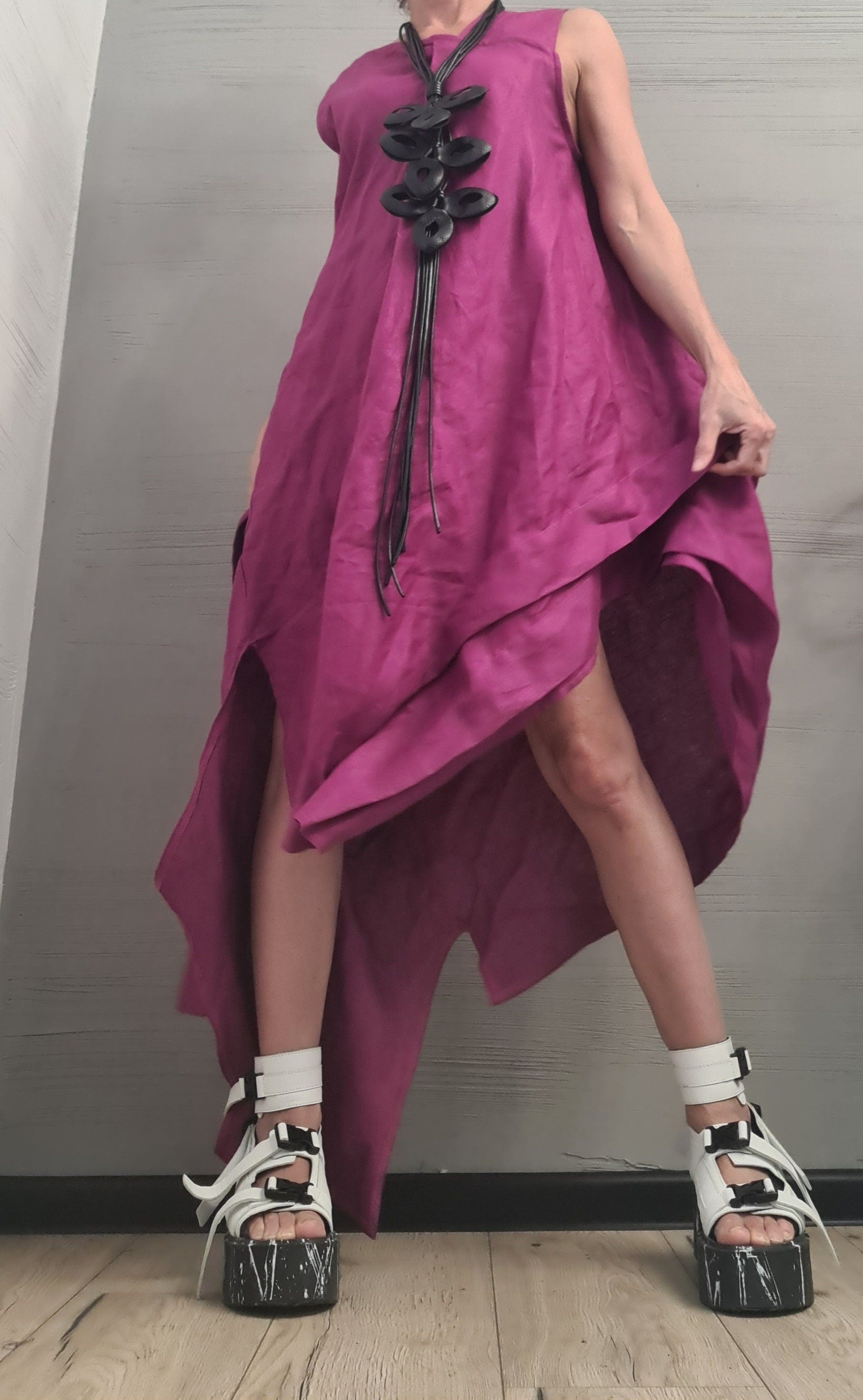 Linen Purple Grapes Dress, Asymmetric Dress, Plus Size Clothing, Oversize Dress, Sleeveless Dress, Minimalist Dress, Plus Size Dress