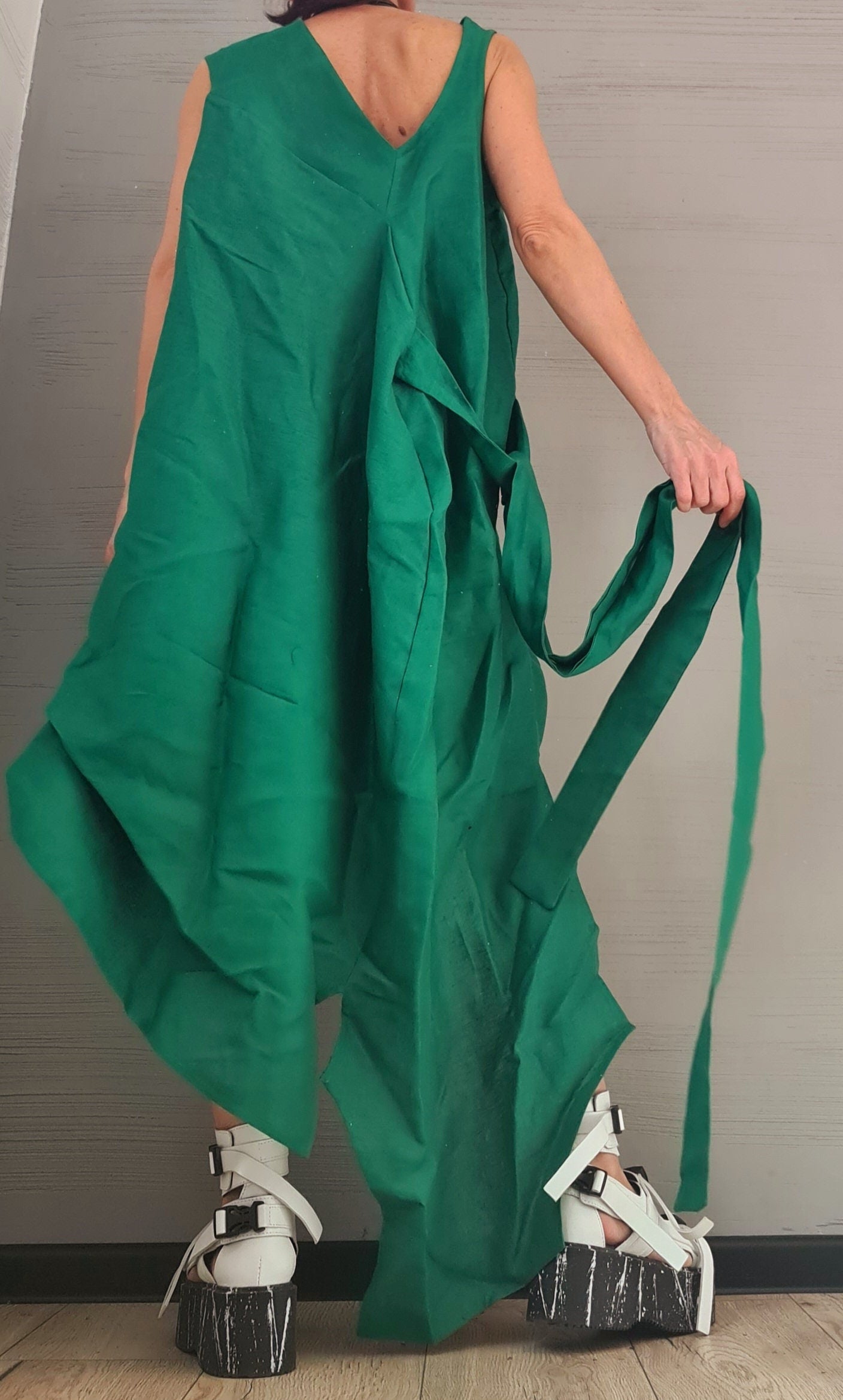 Linen Green Dress, Asymmetric Dress, Plus Size Clothing, Oversize Dress, Sleeveless Dress, Minimalist Dress, Plus Size Dress