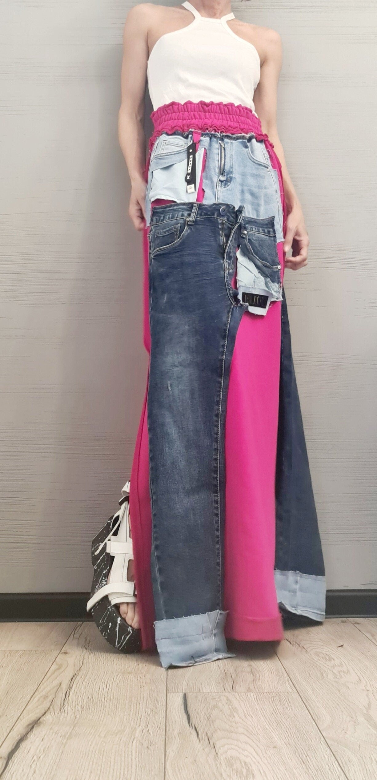 New collection Extravagant Long Skirt, Cotton Denim Skirt, Deconstructed Avant Garde Skirt Outside Seam, DRESSSHOESCODE