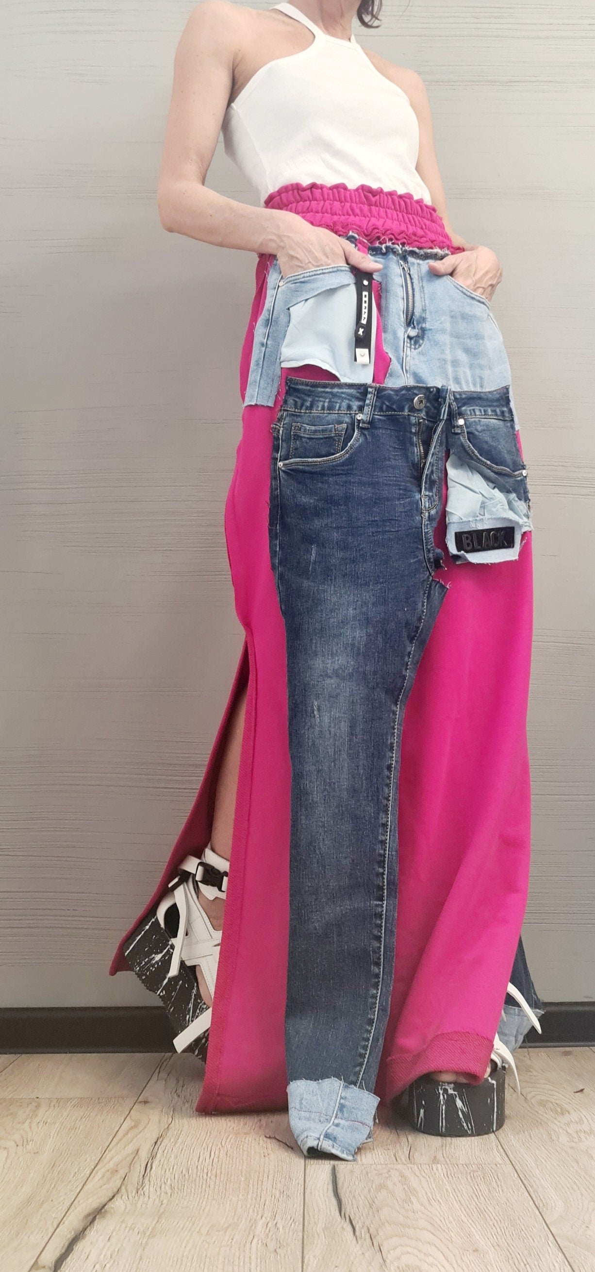 New collection Extravagant Long Skirt, Cotton Denim Skirt, Deconstructed Avant Garde Skirt Outside Seam, DRESSSHOESCODE