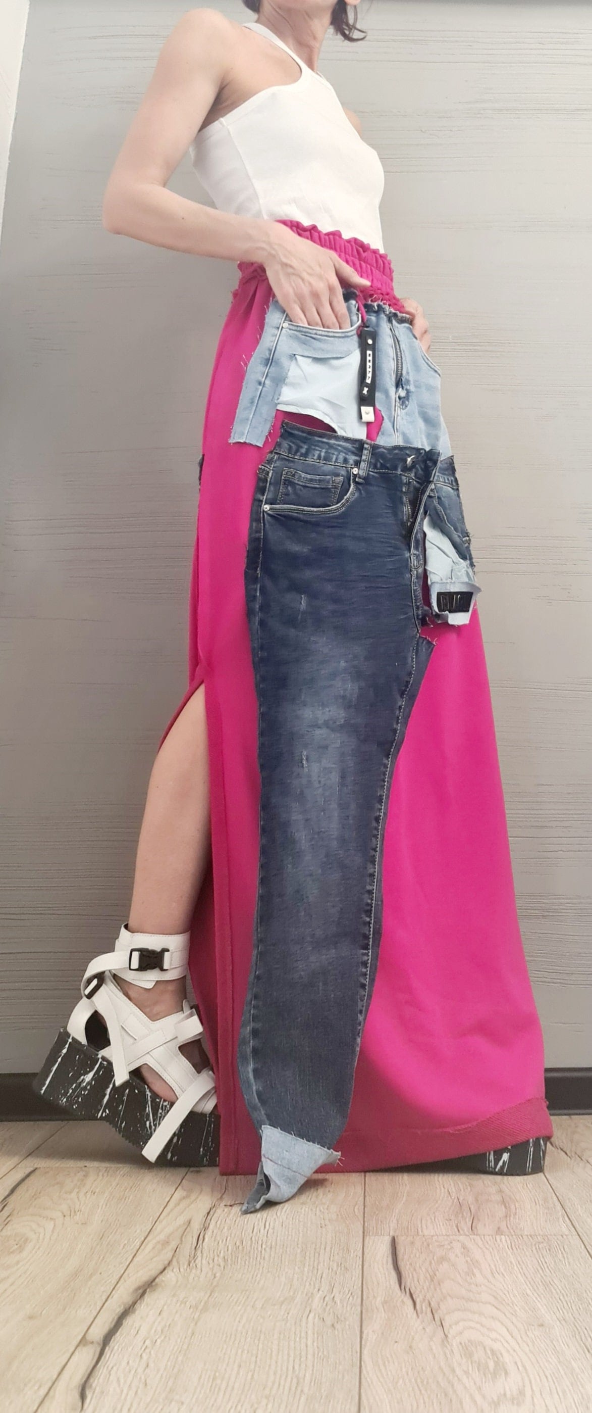 New collection Extravagant Long Skirt, Cotton Denim Skirt, Deconstructed Avant Garde Skirt Outside Seam, DRESSSHOESCODE