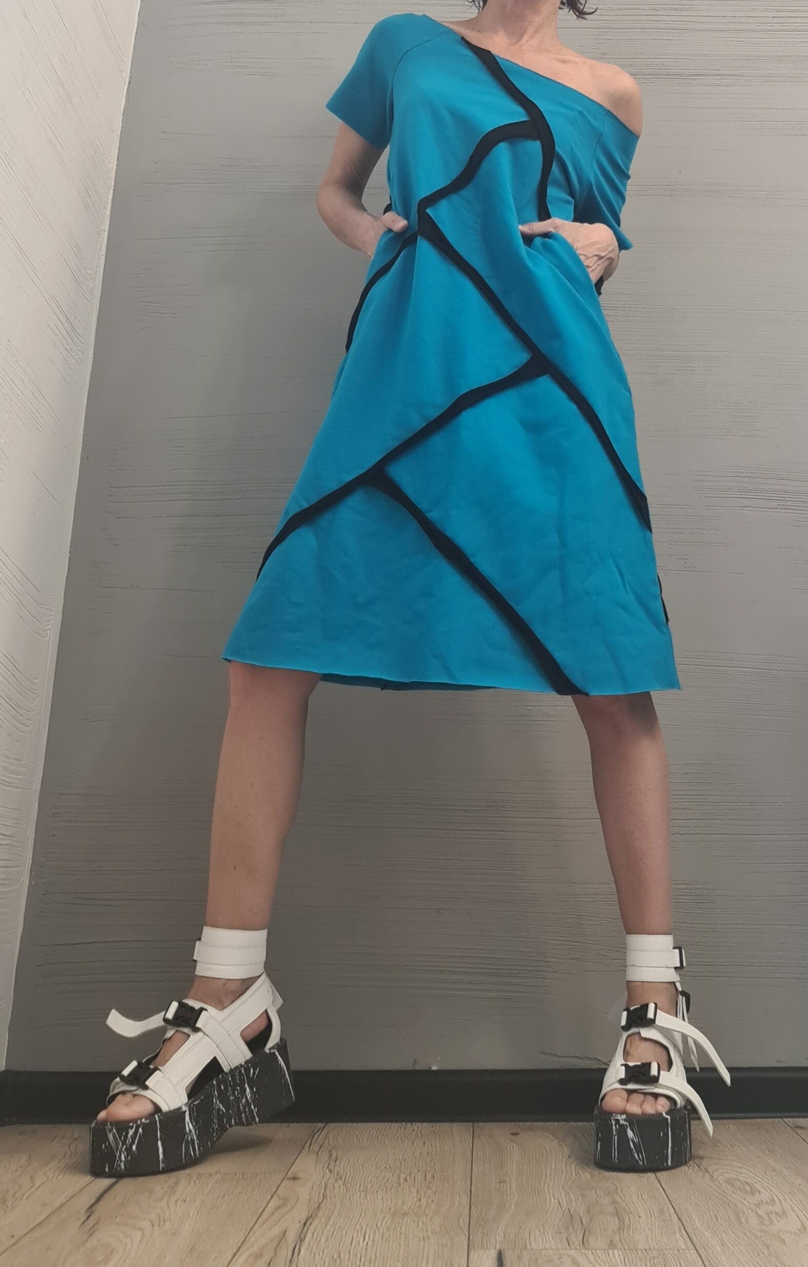 Blue Extravagant Dress, One Shoulder Dress, Tunic Dress, Plus Size Clothing, Blouson Dress, Asymmetric Dress, Short sleeve