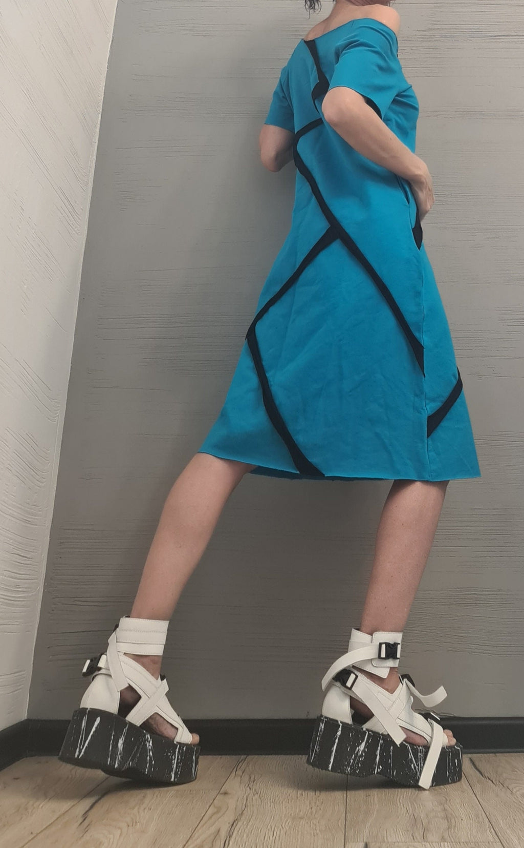 Blue Extravagant Dress, One Shoulder Dress, Tunic Dress, Plus Size Clothing, Blouson Dress, Asymmetric Dress, Short sleeve