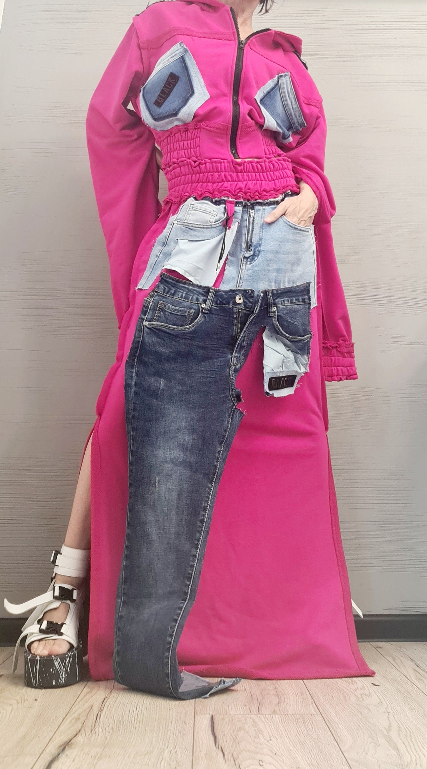 New collection Extravagant Long Skirt, Cotton Denim Skirt, Deconstructed Avant Garde Skirt Outside Seam, DRESSSHOESCODE