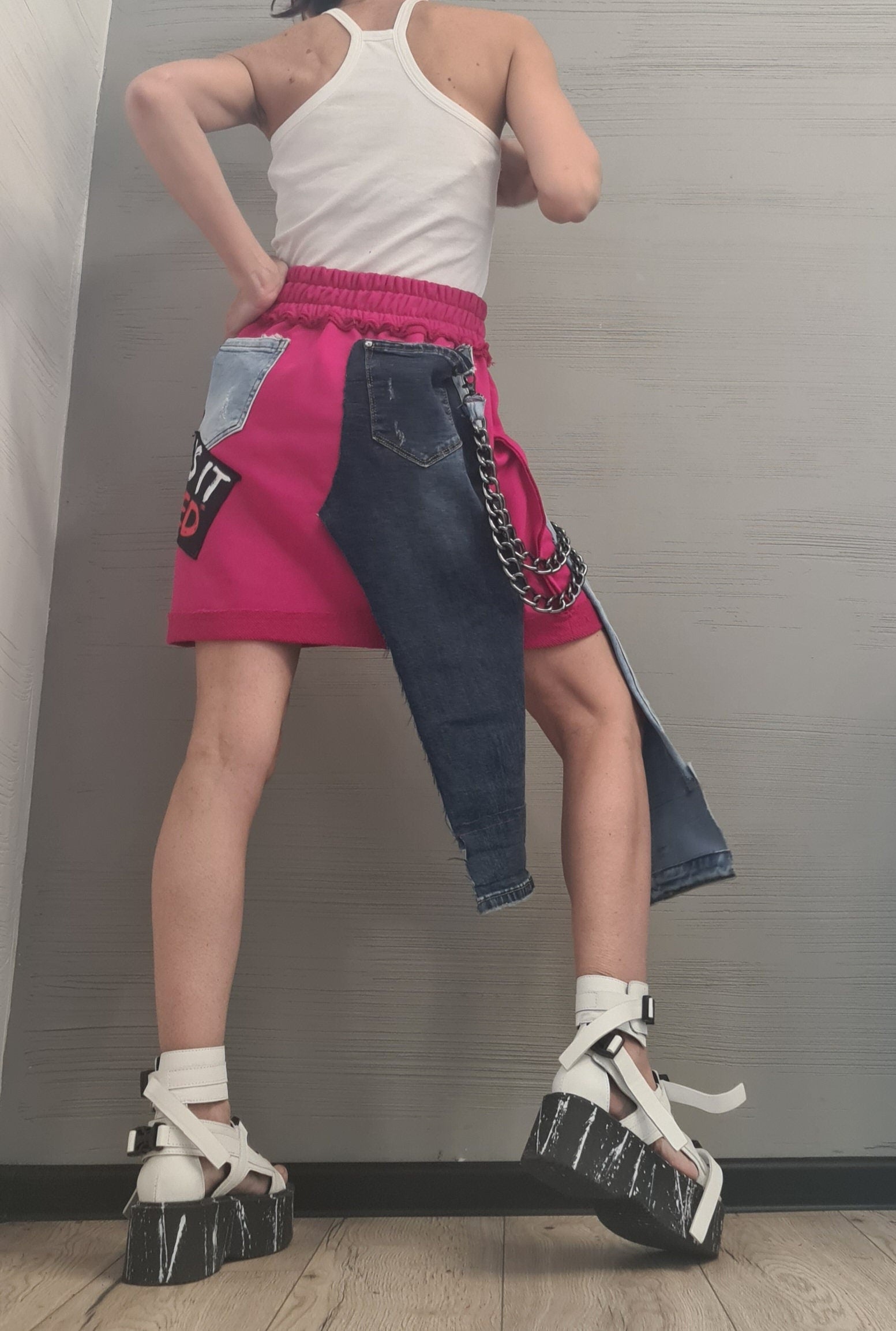 New collection Extravagant Short Skirt, Cotton Denim Skirt, Deconstructed Avant Garde Skirt Outside Seam