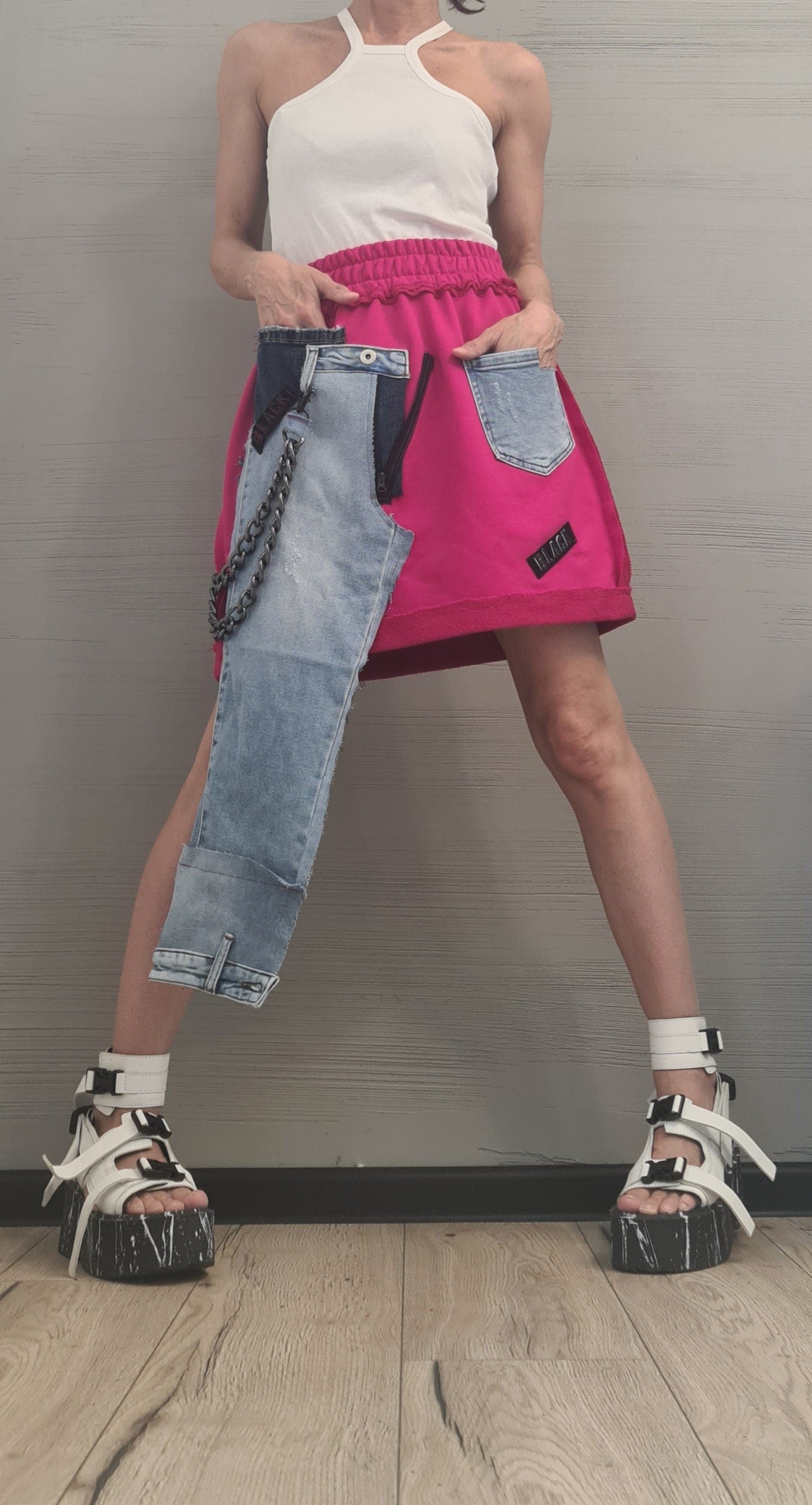 New collection Extravagant Short Skirt, Cotton Denim Skirt, Deconstructed Avant Garde Skirt Outside Seam