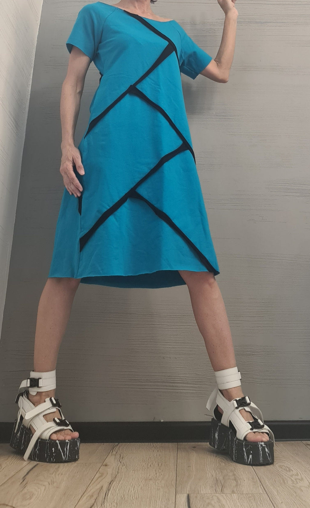 Blue Extravagant Dress, One Shoulder Dress, Tunic Dress, Plus Size Clothing, Blouson Dress, Asymmetric Dress, Short sleeve