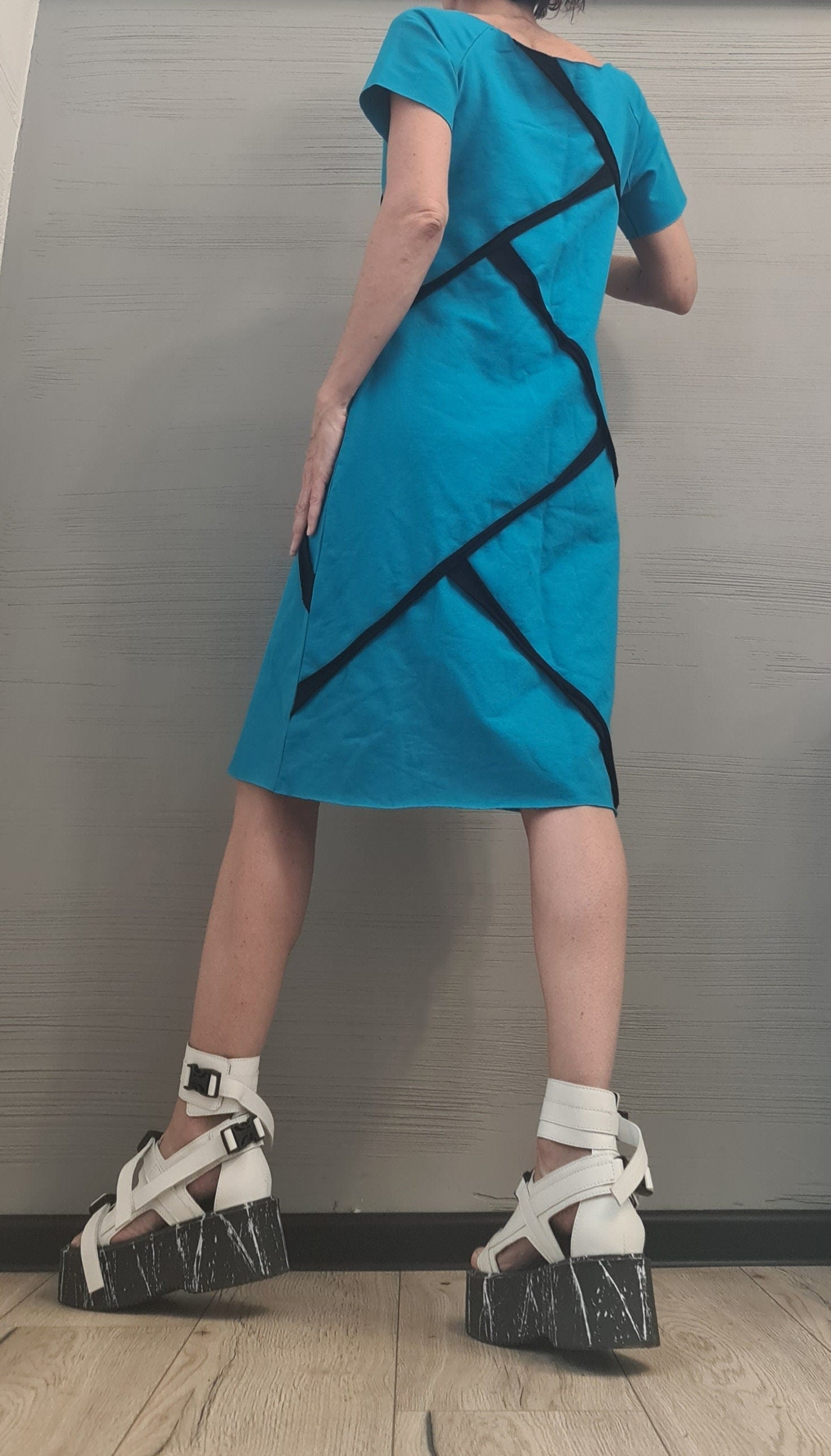 Blue Extravagant Dress, One Shoulder Dress, Tunic Dress, Plus Size Clothing, Blouson Dress, Asymmetric Dress, Short sleeve