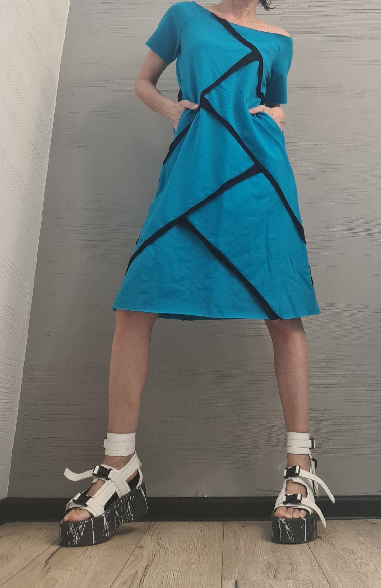 Blue Extravagant Dress, One Shoulder Dress, Tunic Dress, Plus Size Clothing, Blouson Dress, Asymmetric Dress, Short sleeve