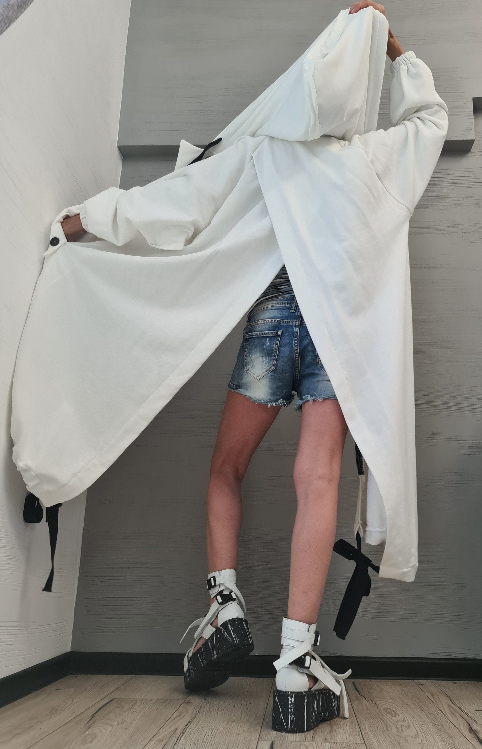 New collection Extravagant Hooded Cotton Sweatshirt, White Long Sweatshirt , Asymmetrical Sweatshirt, Women Sexy Sweatshirt