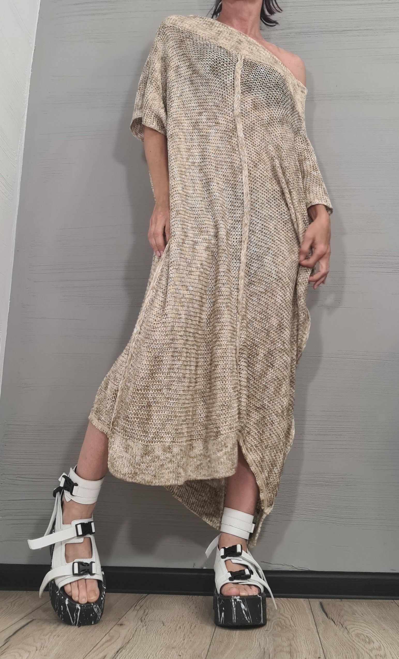 NEW Collection Knitted Sexy Asymmetric Long Top Blouse, Extravagant Top, Avant Garde Blouse, Sexy Top, Bare shoulder