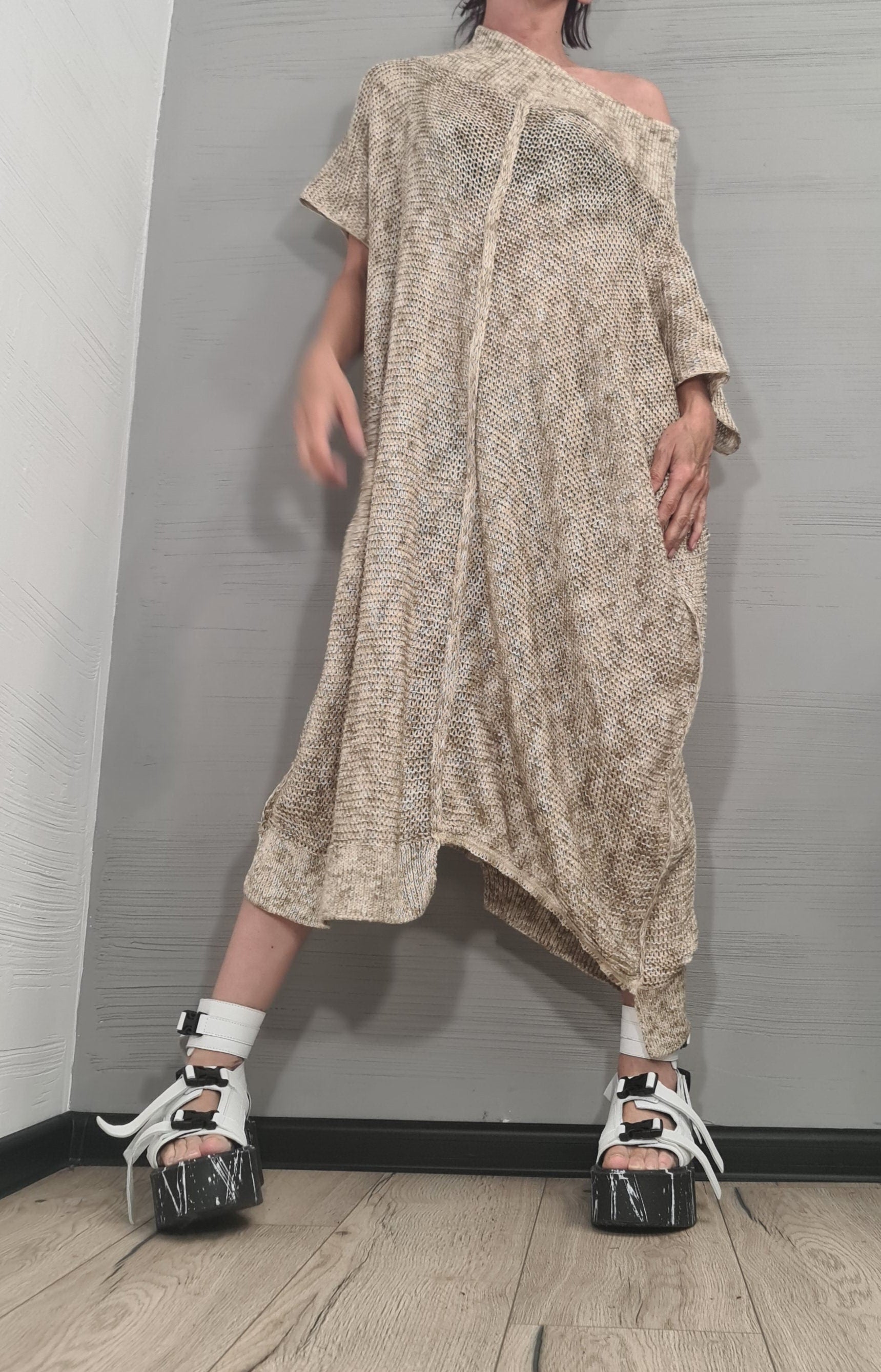 NEW Collection Knitted Sexy Asymmetric Long Top Blouse, Extravagant Top, Avant Garde Blouse, Sexy Top, Bare shoulder