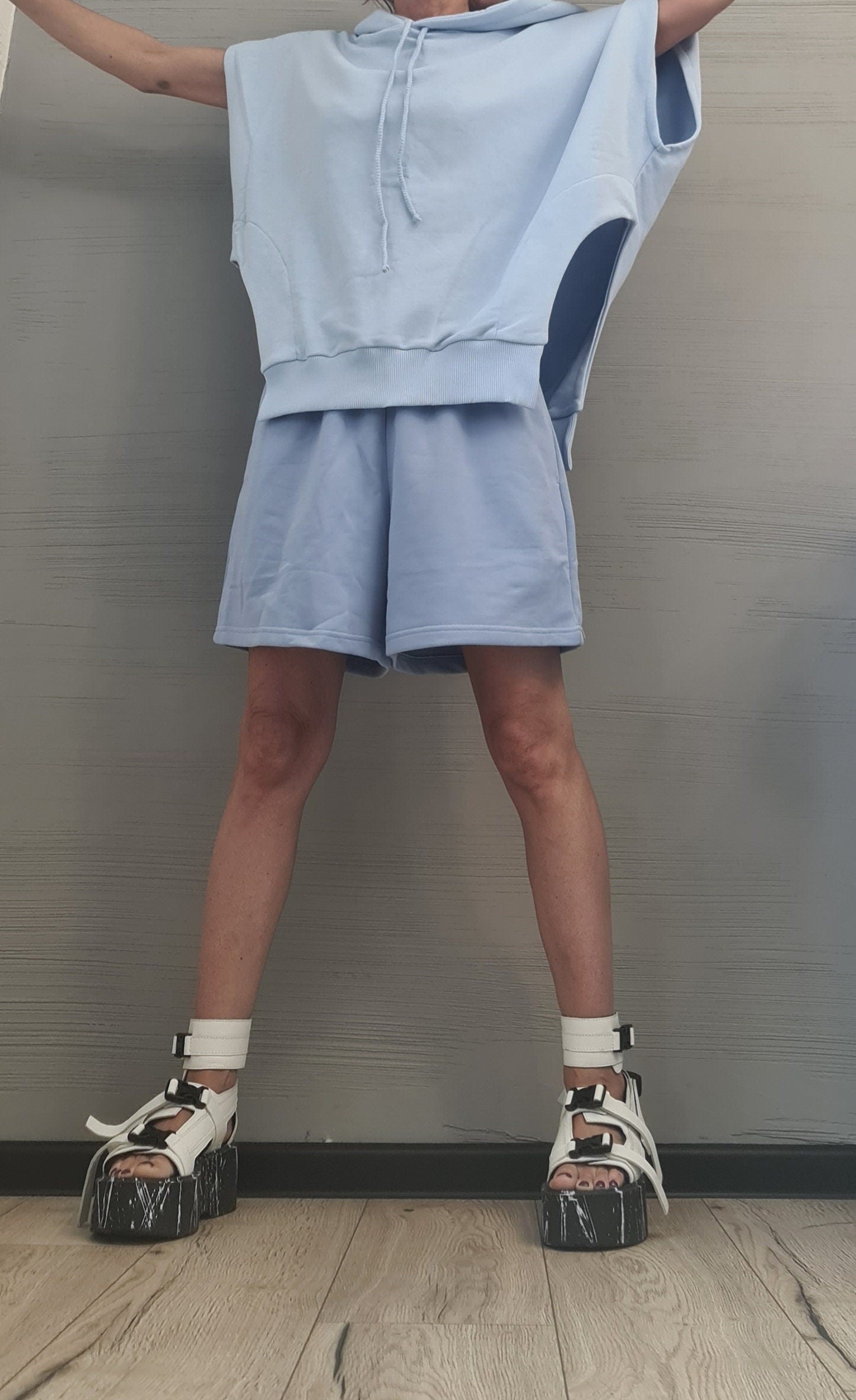 Asymmetrical Blouse, Shorts Set, Casual Cotton Set, Extravagant Women Set, Modern Women Set, Street Fashion