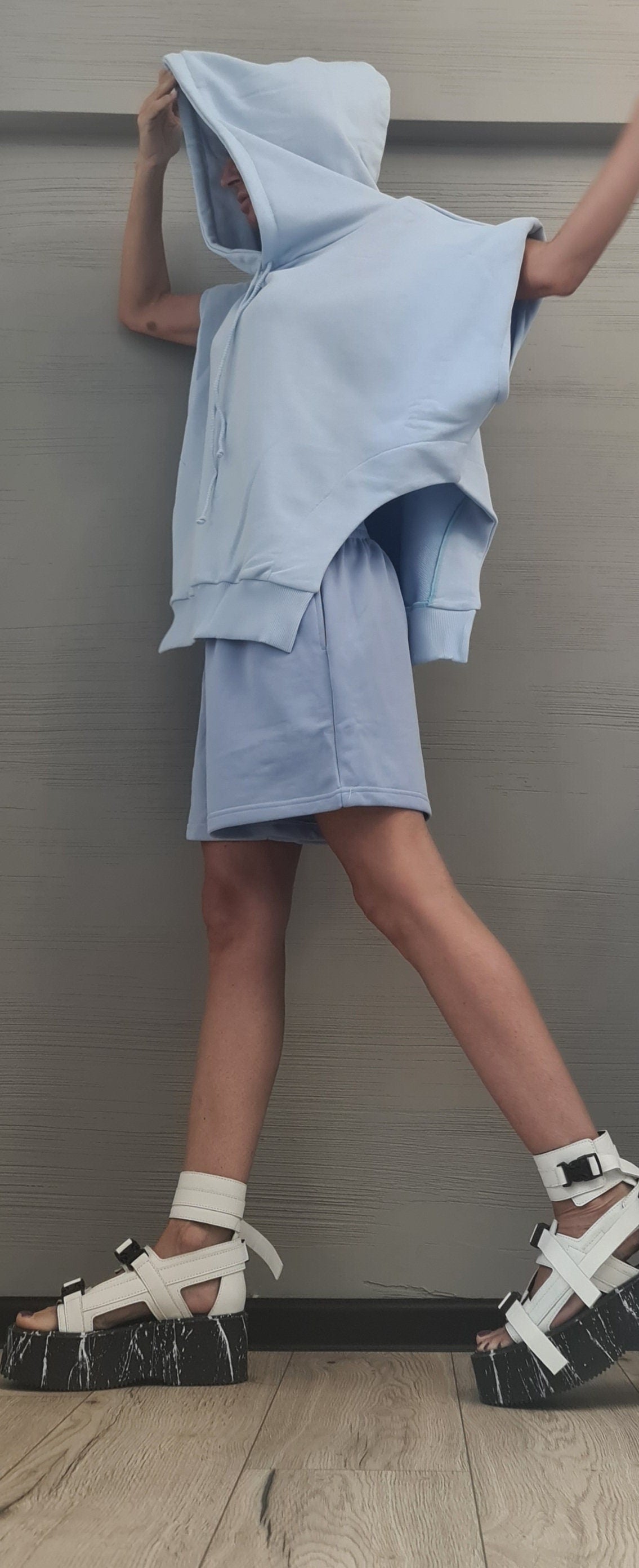 Asymmetrical Blouse, Shorts Set, Casual Cotton Set, Extravagant Women Set, Modern Women Set, Street Fashion