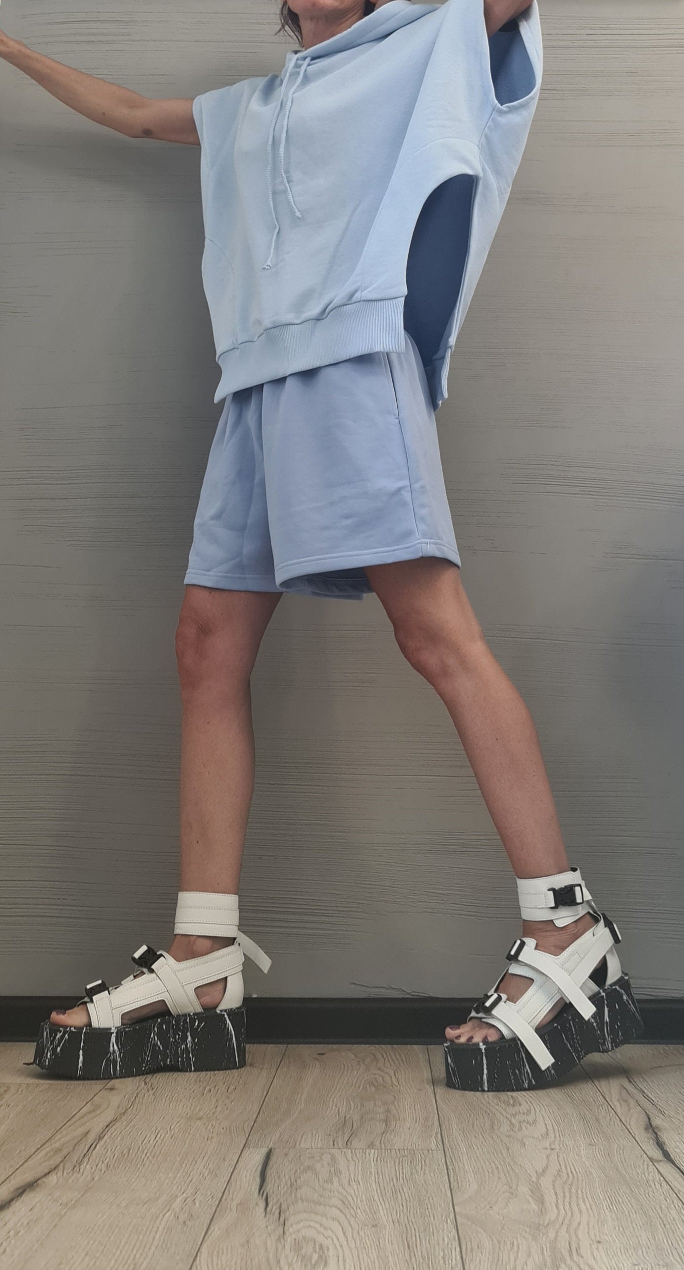 Asymmetrical Blouse, Shorts Set, Casual Cotton Set, Extravagant Women Set, Modern Women Set, Street Fashion