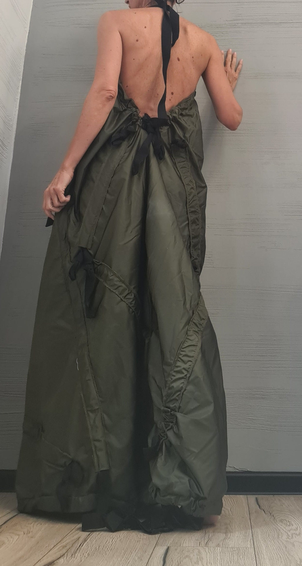 Military green Maxi Dress, Kaftan Dress, Bare back, Sleeveless Dress, Extravagant Dress, Sexy Dress, avant garde clothing