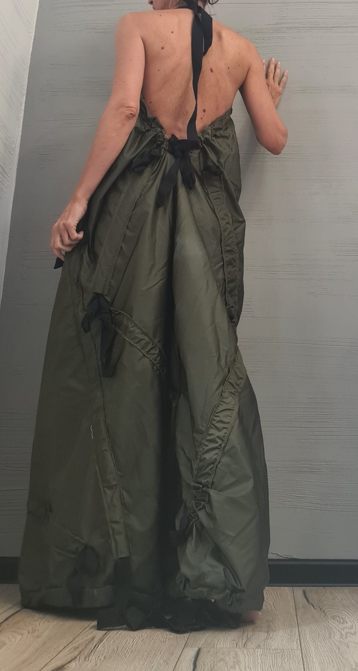 Military green Maxi Dress, Kaftan Dress, Bare back, Sleeveless Dress, Extravagant Dress, Sexy Dress, avant garde clothing