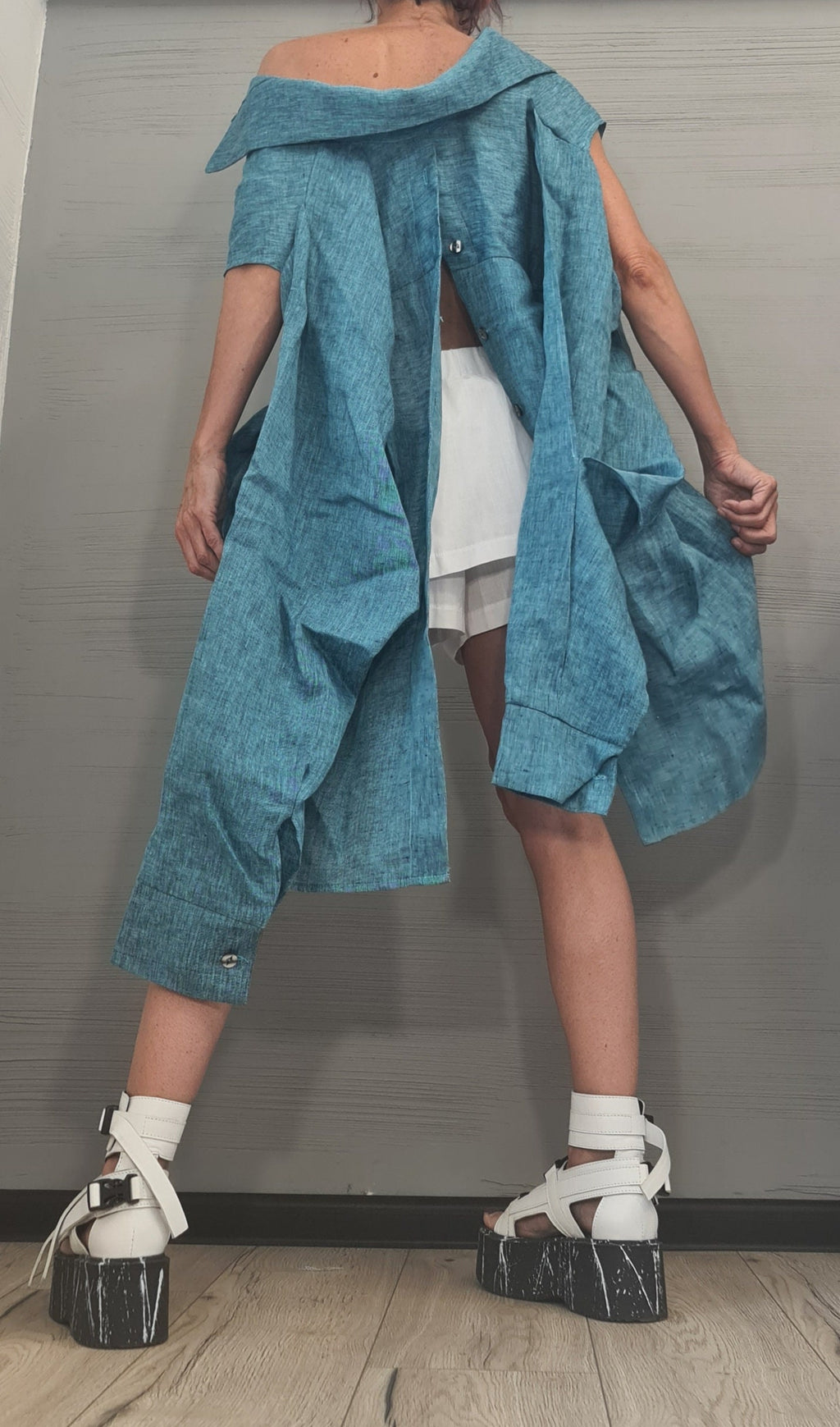 New collection Linen Asymmetric Shirt, Open back Shirt, Avant Garde Tunic, Turquoise Tunic Shirt,Extravagant Shirt, Oversize Tunic