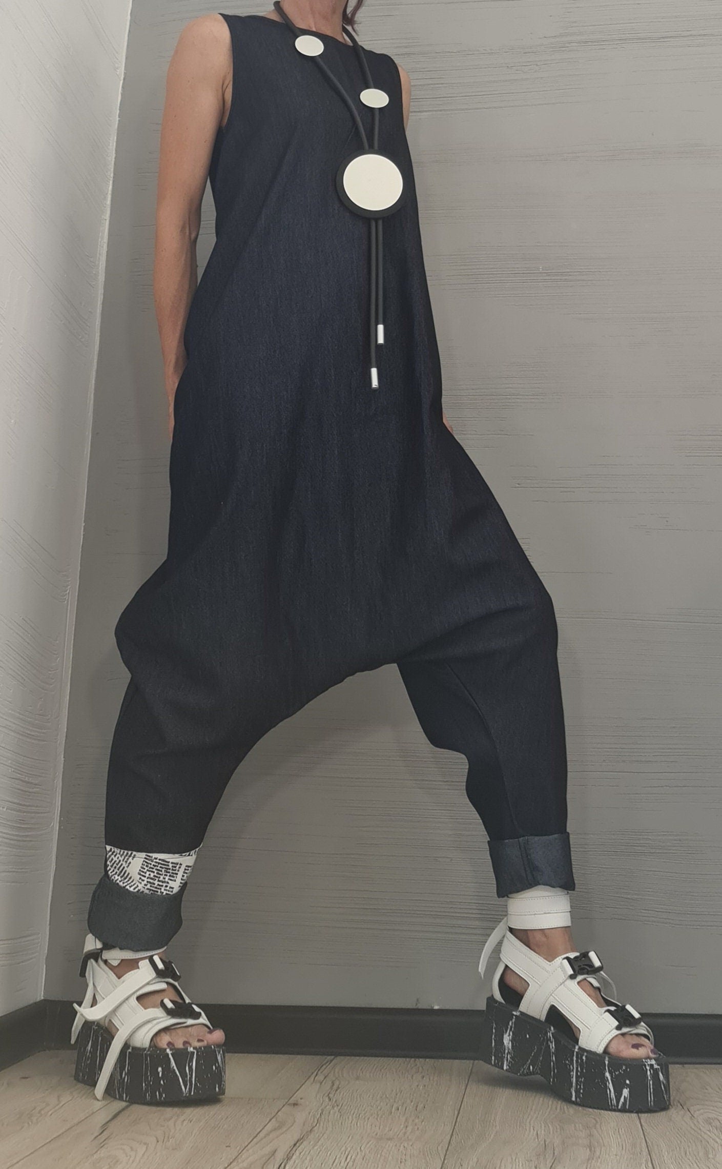 Asymmetric long Jumpsuit, Harem Jumpsuit, Denim Jumpsuit, Gothic Jumpsuit , Extravagant Wide Leg Overall, Sleeveless Jumpsuit