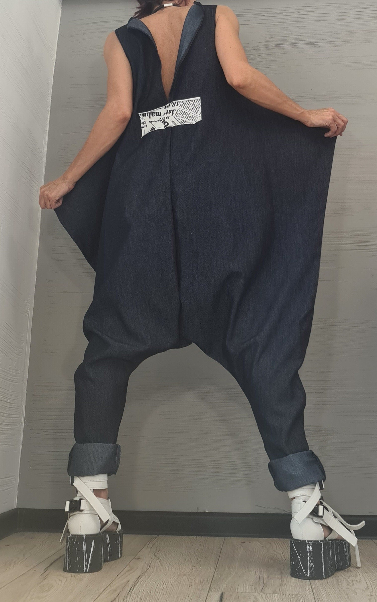 Asymmetric long Jumpsuit, Harem Jumpsuit, Denim Jumpsuit, Gothic Jumpsuit , Extravagant Wide Leg Overall, Sleeveless Jumpsuit