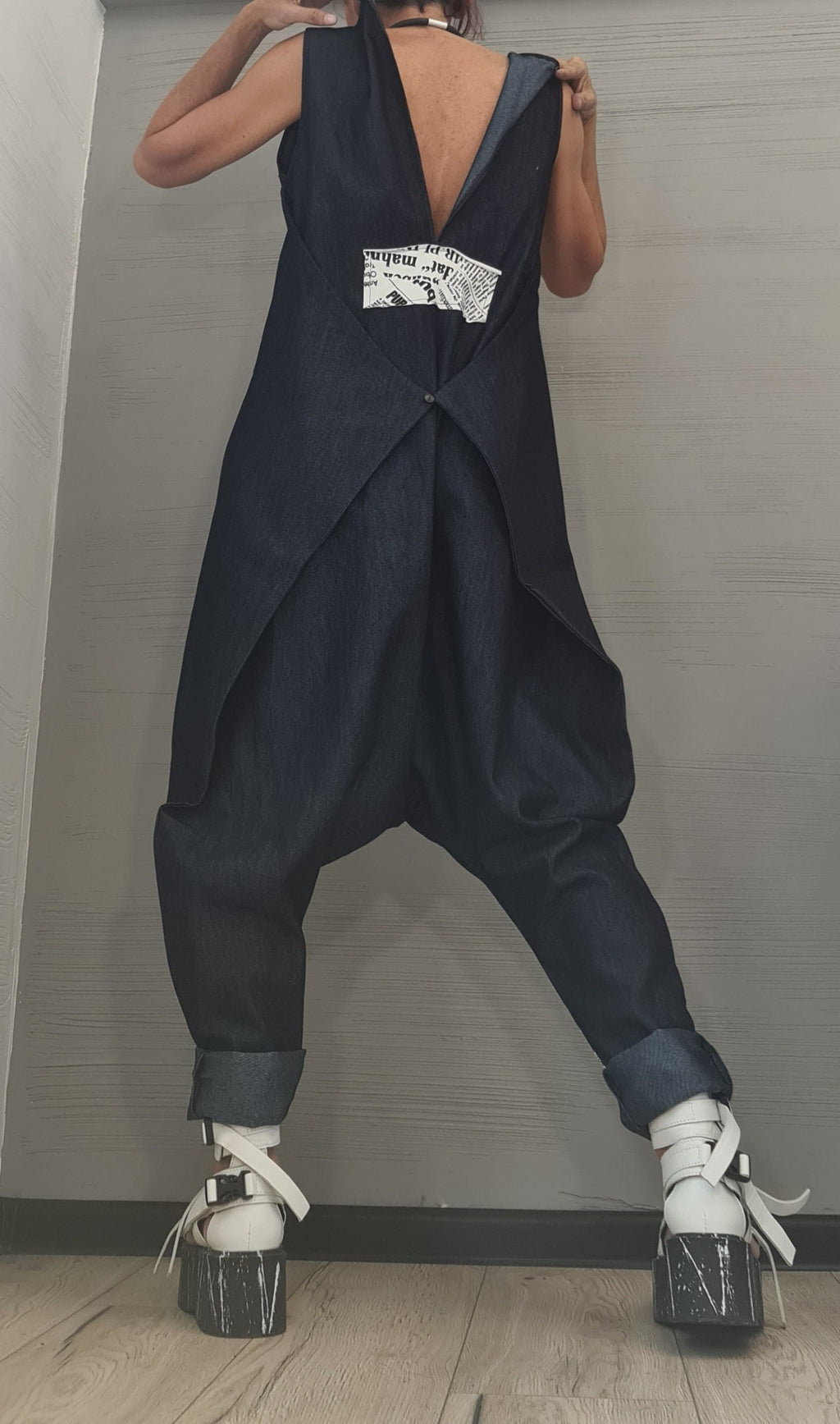 Asymmetric long Jumpsuit, Harem Jumpsuit, Denim Jumpsuit, Gothic Jumpsuit , Extravagant Wide Leg Overall, Sleeveless Jumpsuit