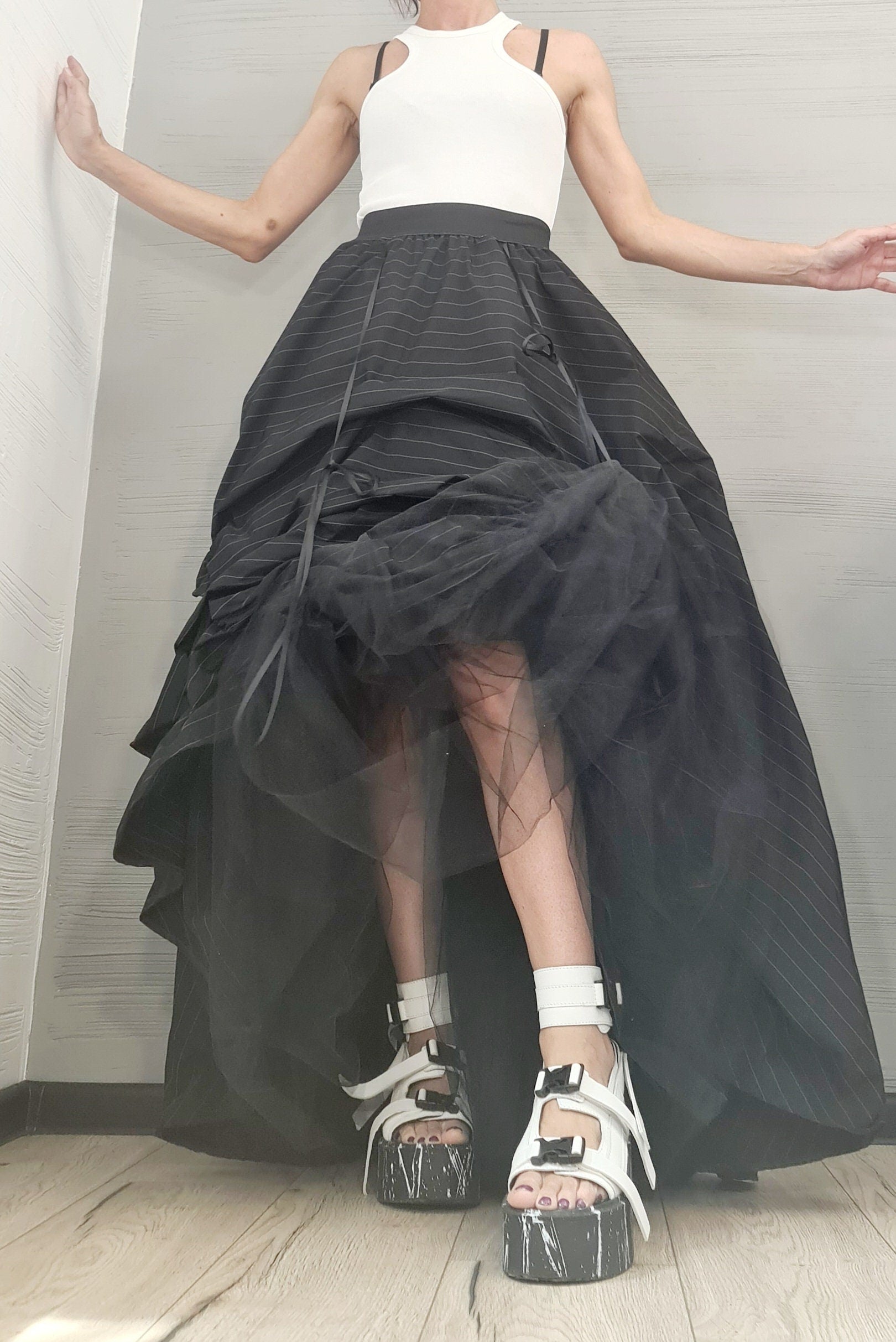 New collection Extravagant Ball Dress Skirt Women, Tutu Cocktail Skirt, Asymmetric Long Short Skirt, Black White stripes Dress