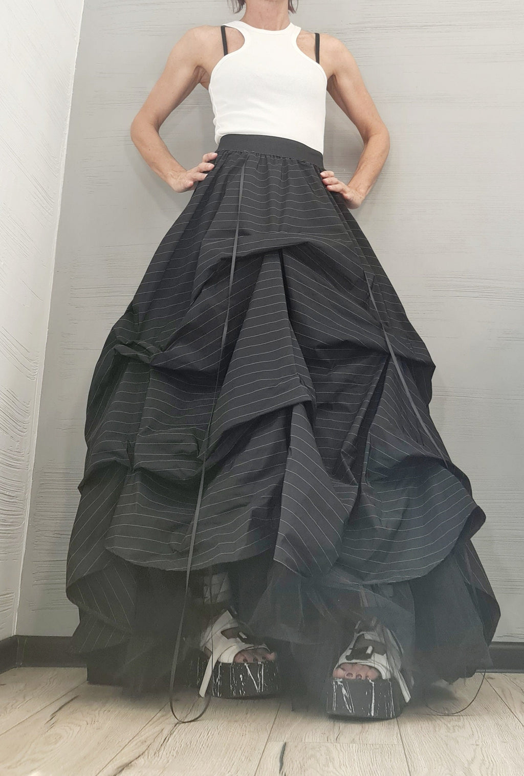 New collection Extravagant Ball Dress Skirt Women, Tutu Cocktail Skirt, Asymmetric Long Short Skirt, Black White stripes Dress