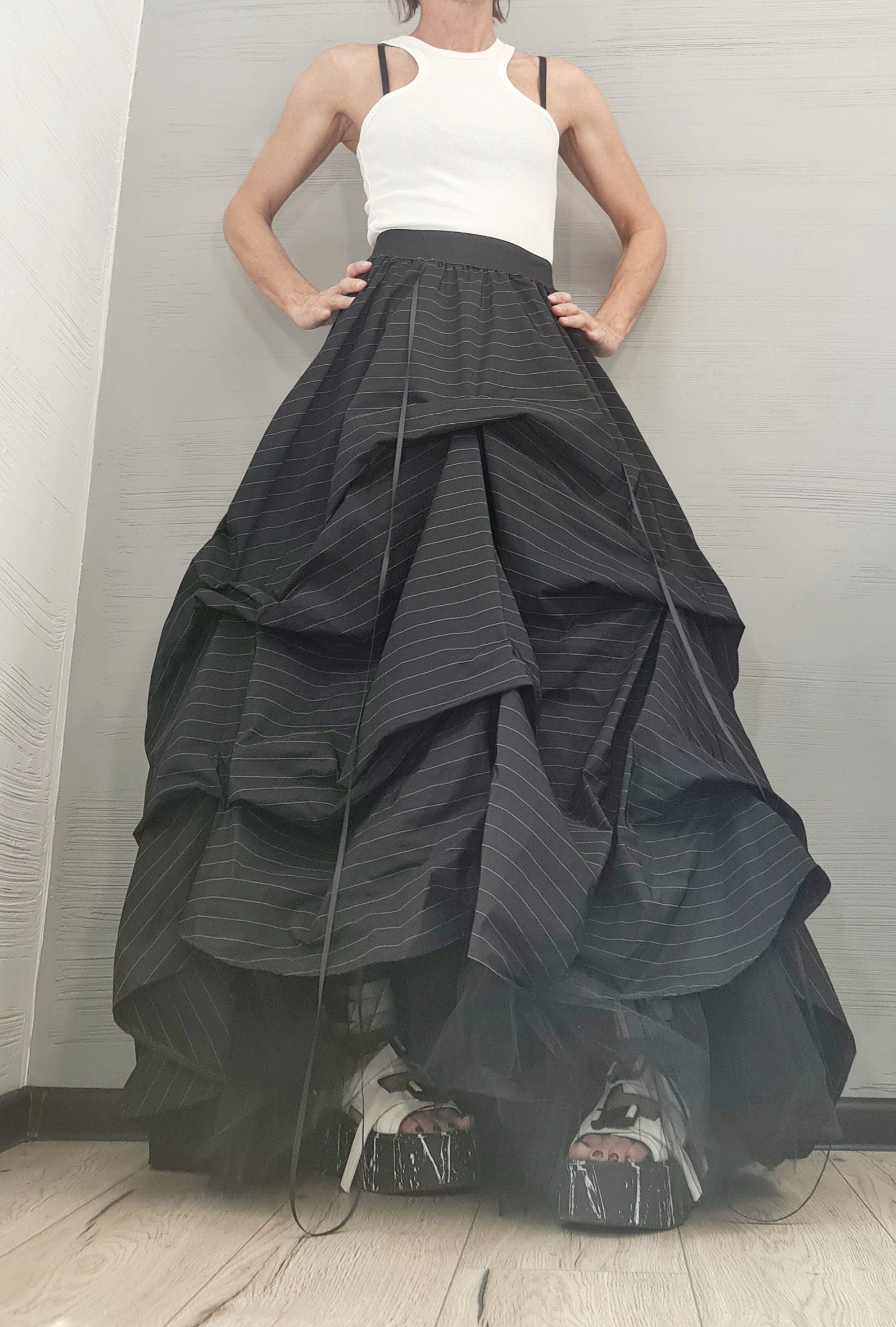 New collection Extravagant Ball Dress Skirt Women, Tutu Cocktail Skirt, Asymmetric Long Short Skirt, Black White stripes Dress