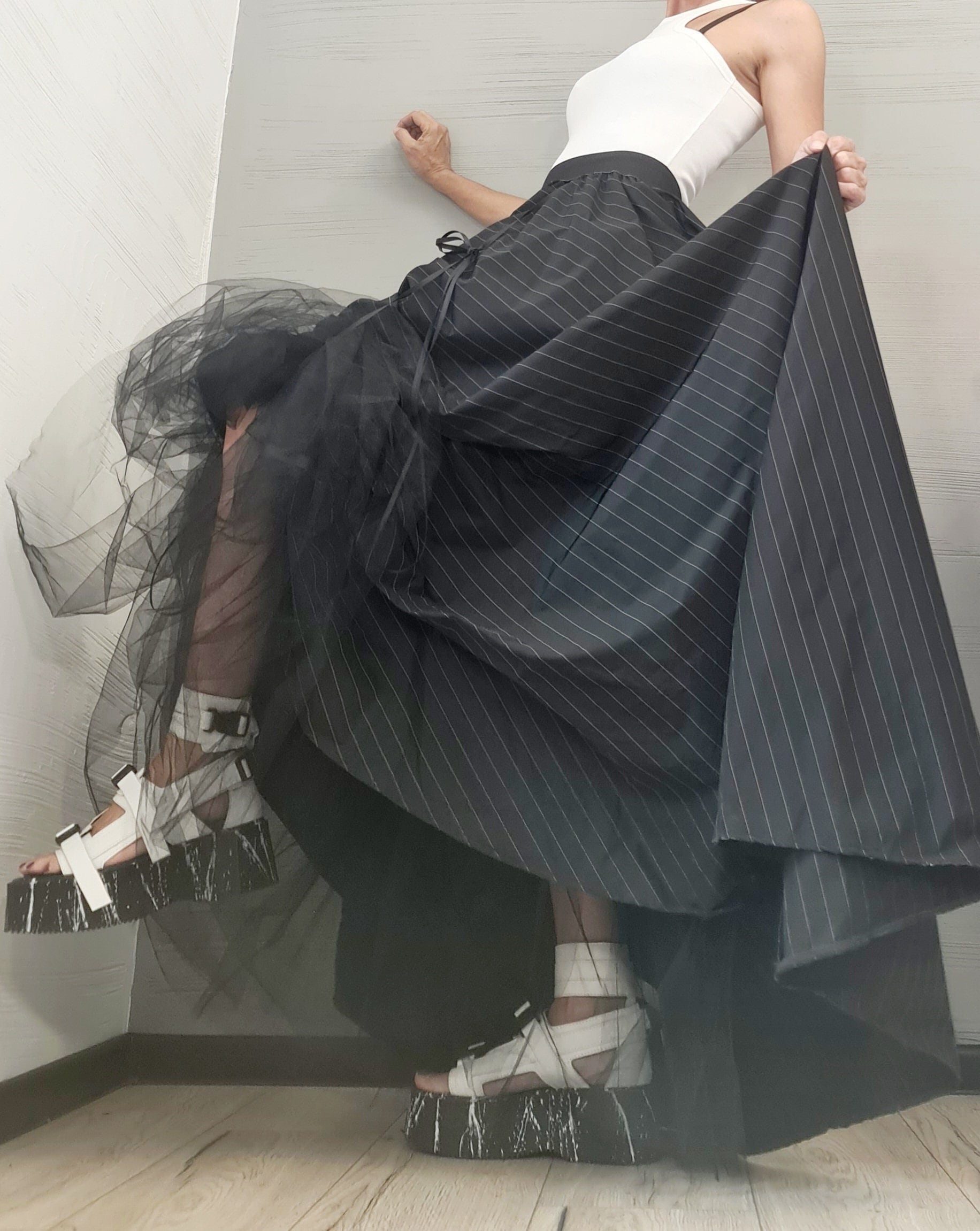 New collection Extravagant Ball Dress Skirt Women, Tutu Cocktail Skirt, Asymmetric Long Short Skirt, Black White stripes Dress