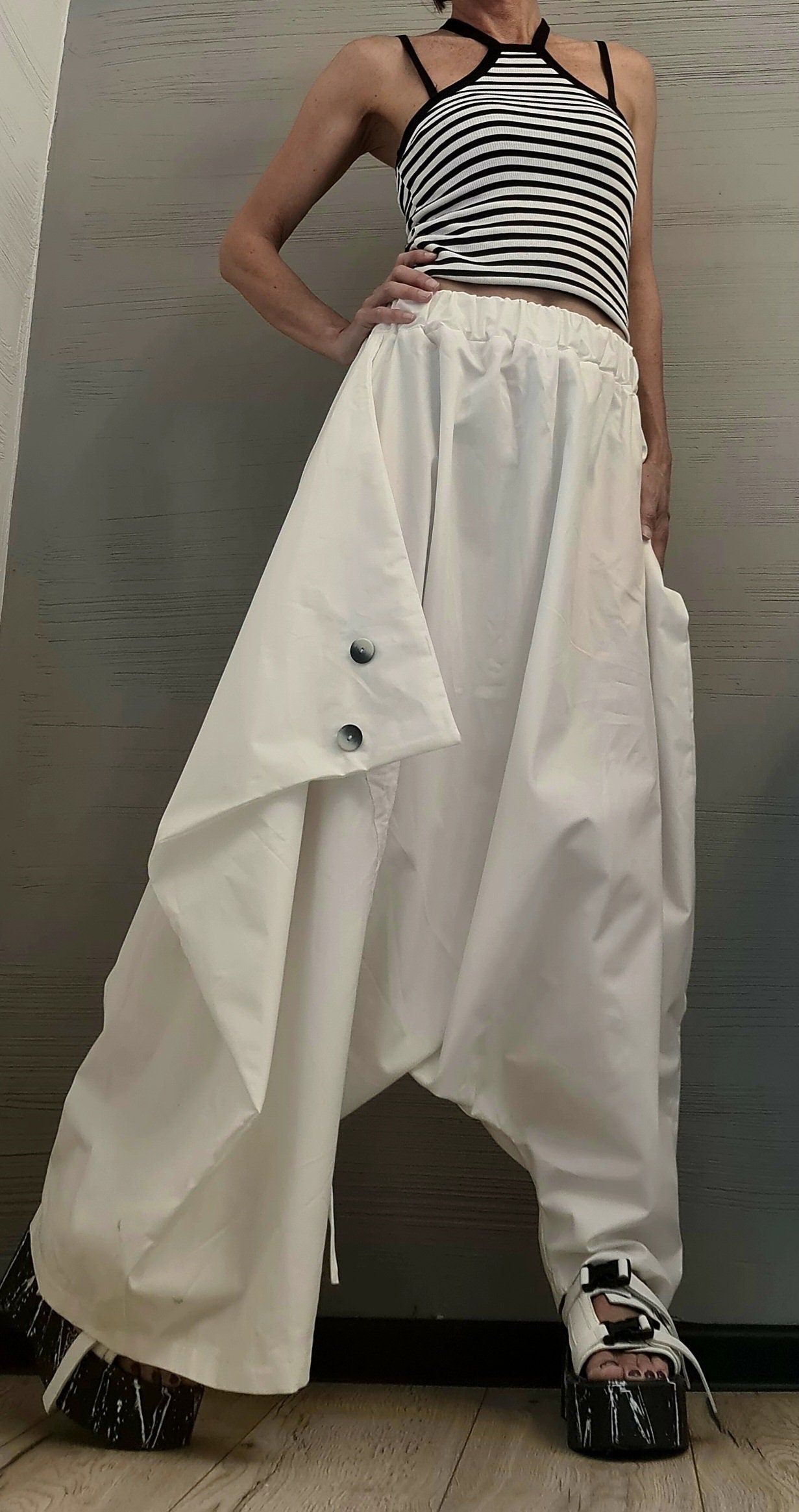 New collection White Trousers Skirt, Loose Pants, Extravagant Harem Pants, Women Pants,Avant-garde, Deconstructed trousers
