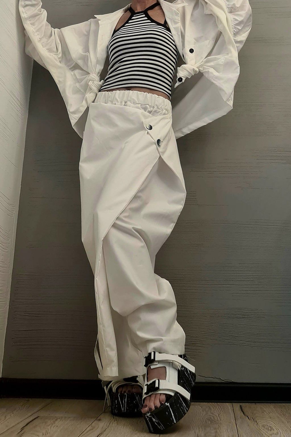 Extravagant Summer Set, Asymmetrical Top, White Trousers Skirt, Loose Pants, Extravagant Harem Pants, Avant-garde, Deconstructed