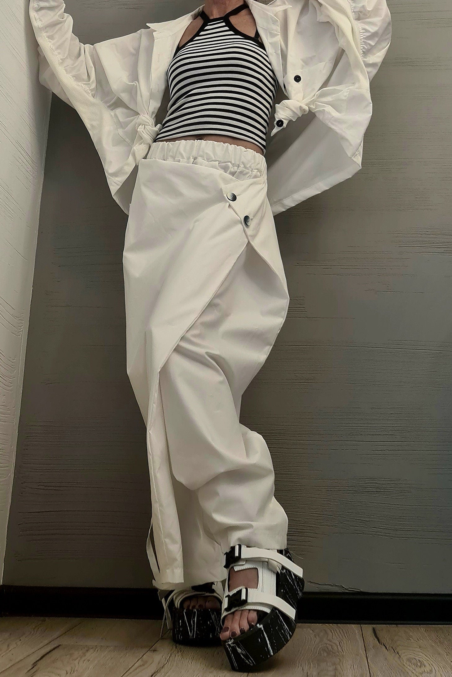 Extravagant Summer Set, Asymmetrical Top, White Trousers Skirt, Loose Pants, Extravagant Harem Pants, Avant-garde, Deconstructed