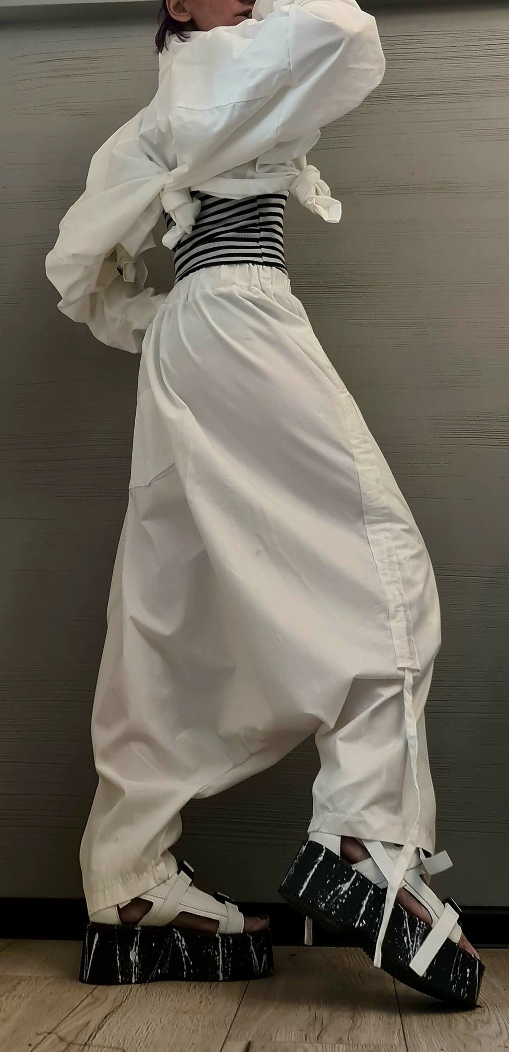 Extravagant Summer Set, Asymmetrical Top, White Trousers Skirt, Loose Pants, Extravagant Harem Pants, Avant-garde, Deconstructed