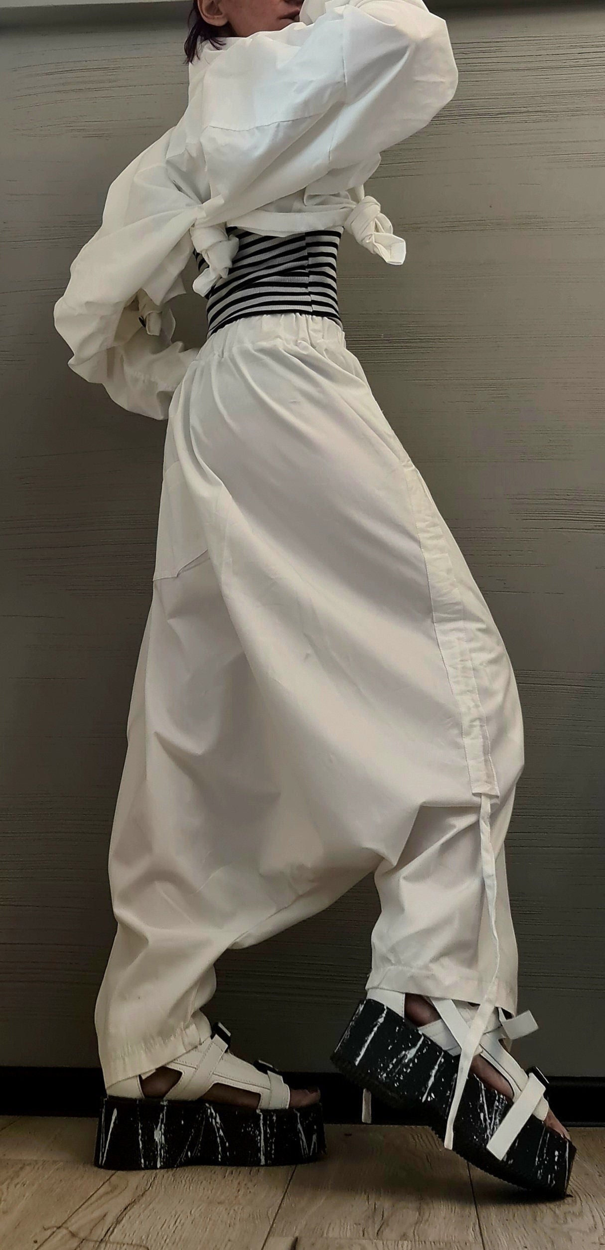 Extravagant Summer Set, Asymmetrical Top, White Trousers Skirt, Loose Pants, Extravagant Harem Pants, Avant-garde, Deconstructed