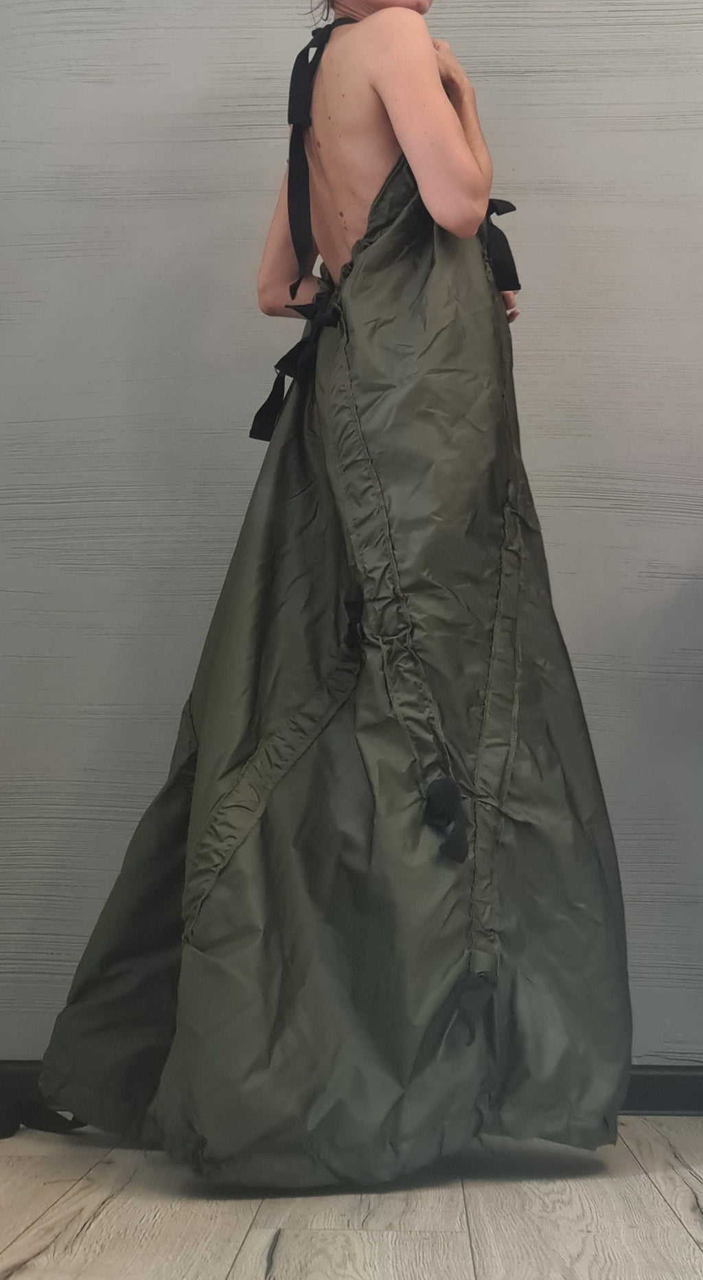 Military green Maxi Dress, Kaftan Dress, Bare back, Sleeveless Dress, Extravagant Dress, Sexy Dress, avant garde clothing