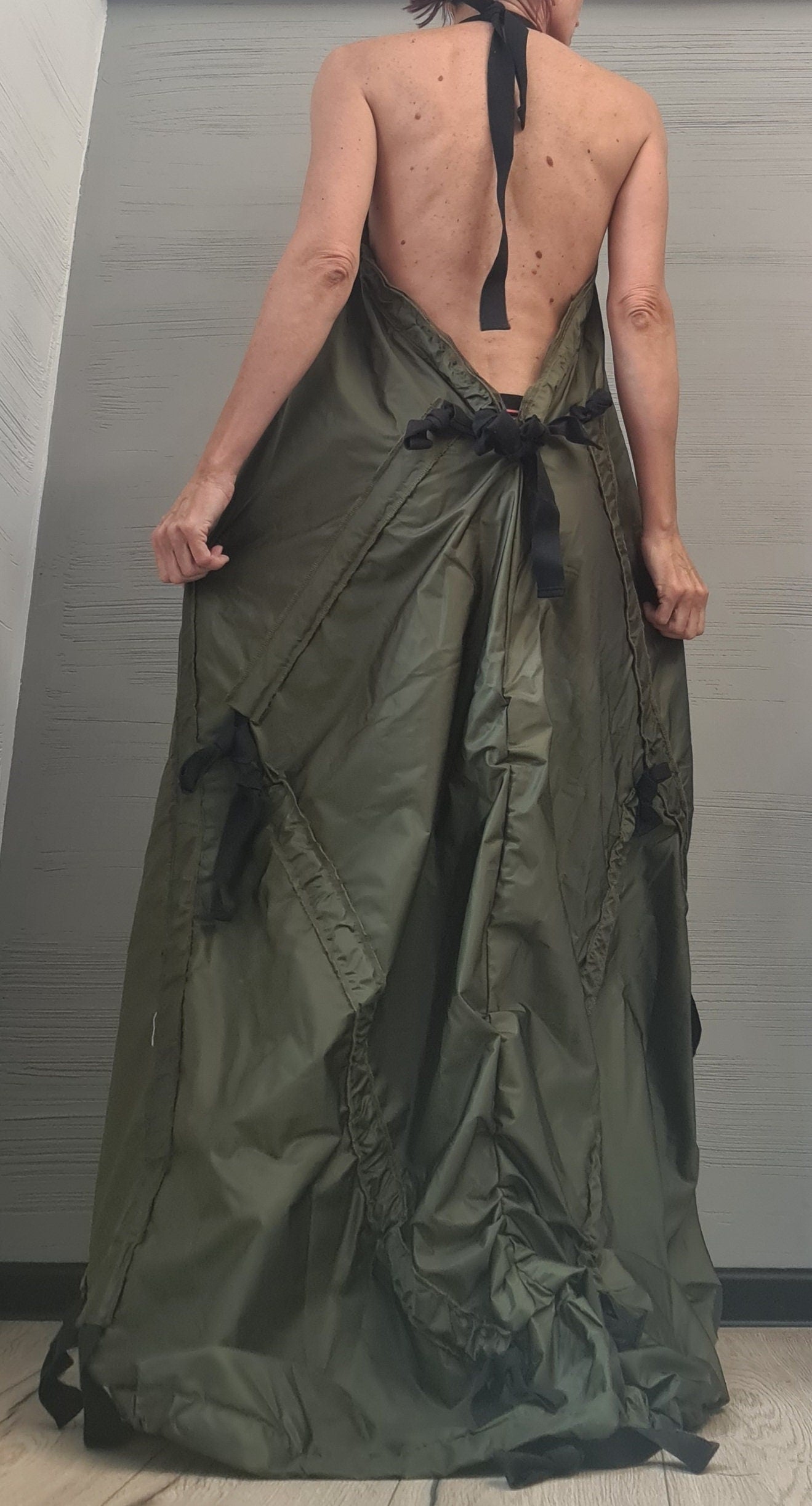 Military green Maxi Dress, Kaftan Dress, Bare back, Sleeveless Dress, Extravagant Dress, Sexy Dress, avant garde clothing