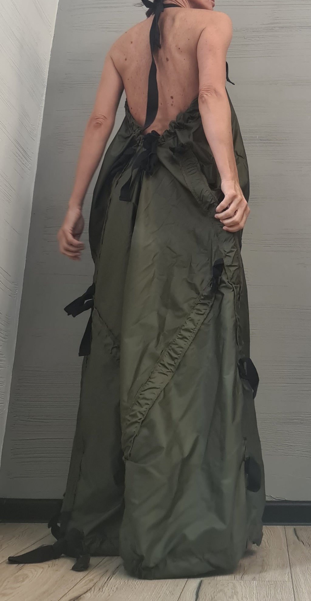 Military green Maxi Dress, Kaftan Dress, Bare back, Sleeveless Dress, Extravagant Dress, Sexy Dress, avant garde clothing