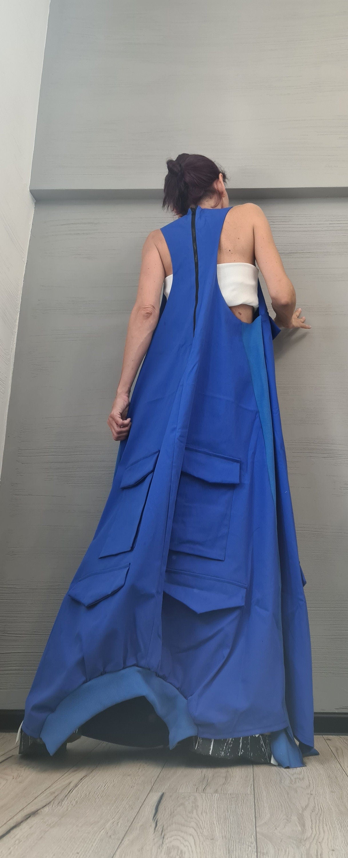 Blue Deconstructed Dress, Long Loose Dress, Pockets Dress, Asymmetric Dress, Gothic Dress, Extravagant Dress, Sleeveless Dress