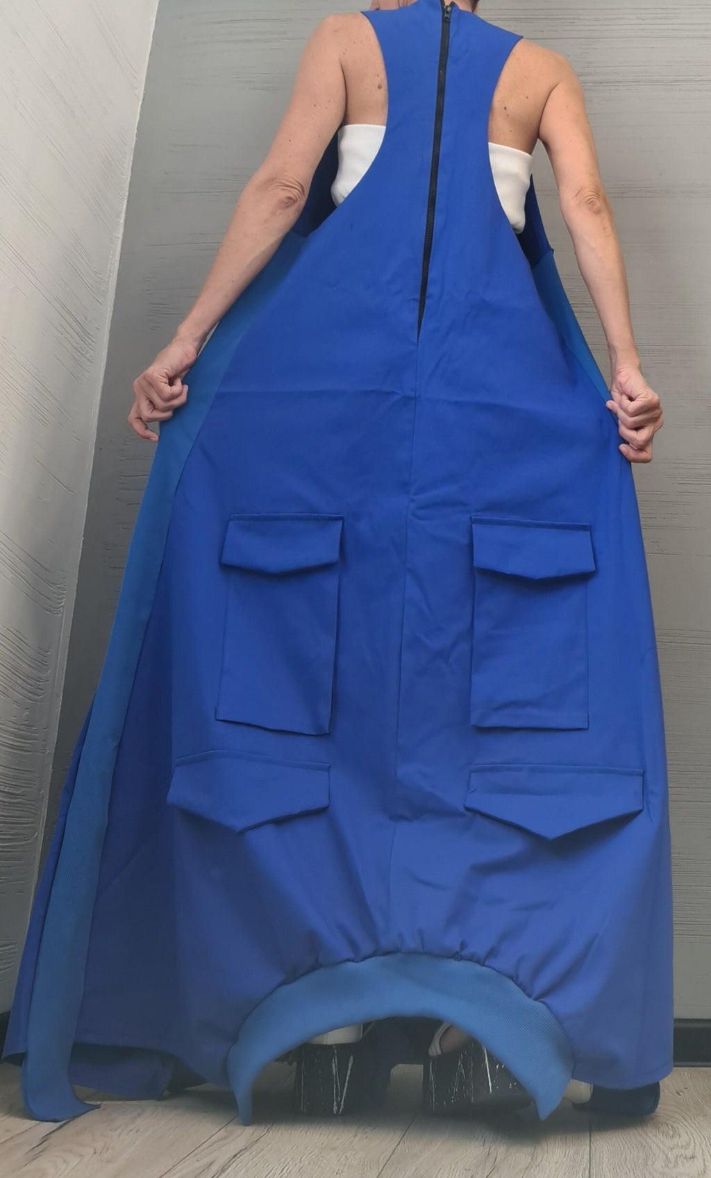 Blue Deconstructed Dress, Long Loose Dress, Pockets Dress, Asymmetric Dress, Gothic Dress, Extravagant Dress, Sleeveless Dress