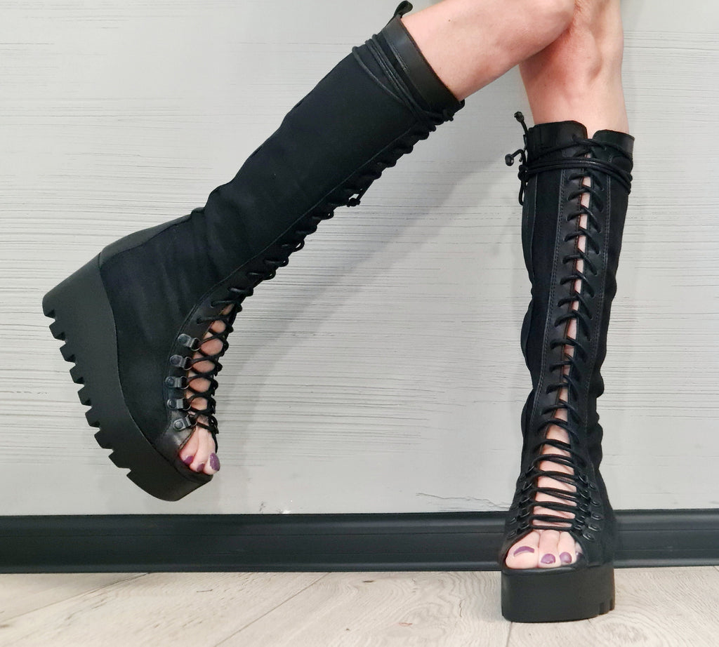 Summer linen boots, Leather Gladiator Sandals, High Platform Sandals, Women Platform Boots, Gothic Shoes, Leather Wedges