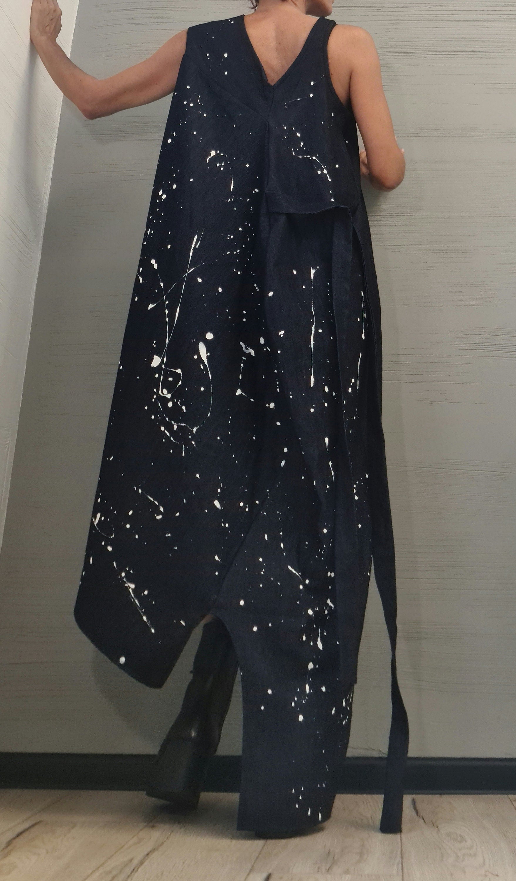 Denim Dress, Asymmetric Dress, Spray paint, Oversize Dress, Sleeveless Dress, Extravagant Dress, Plus Size Dress, Avant-garde