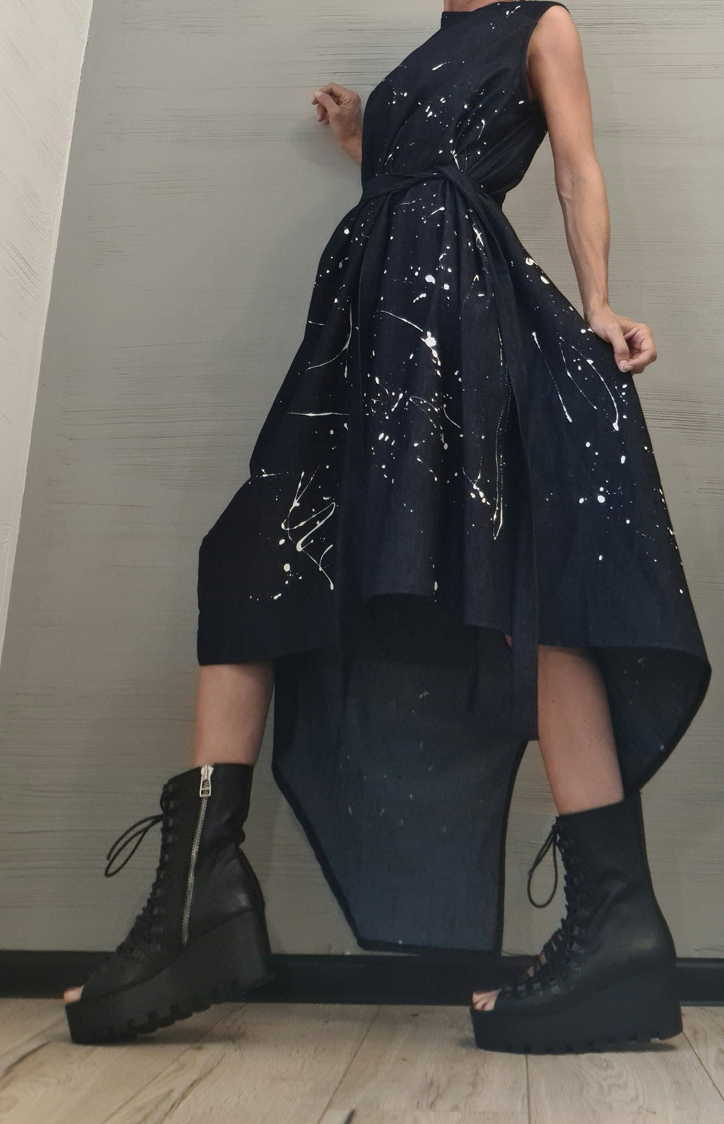 Denim Dress, Asymmetric Dress, Spray paint, Oversize Dress, Sleeveless Dress, Extravagant Dress, Plus Size Dress, Avant-garde