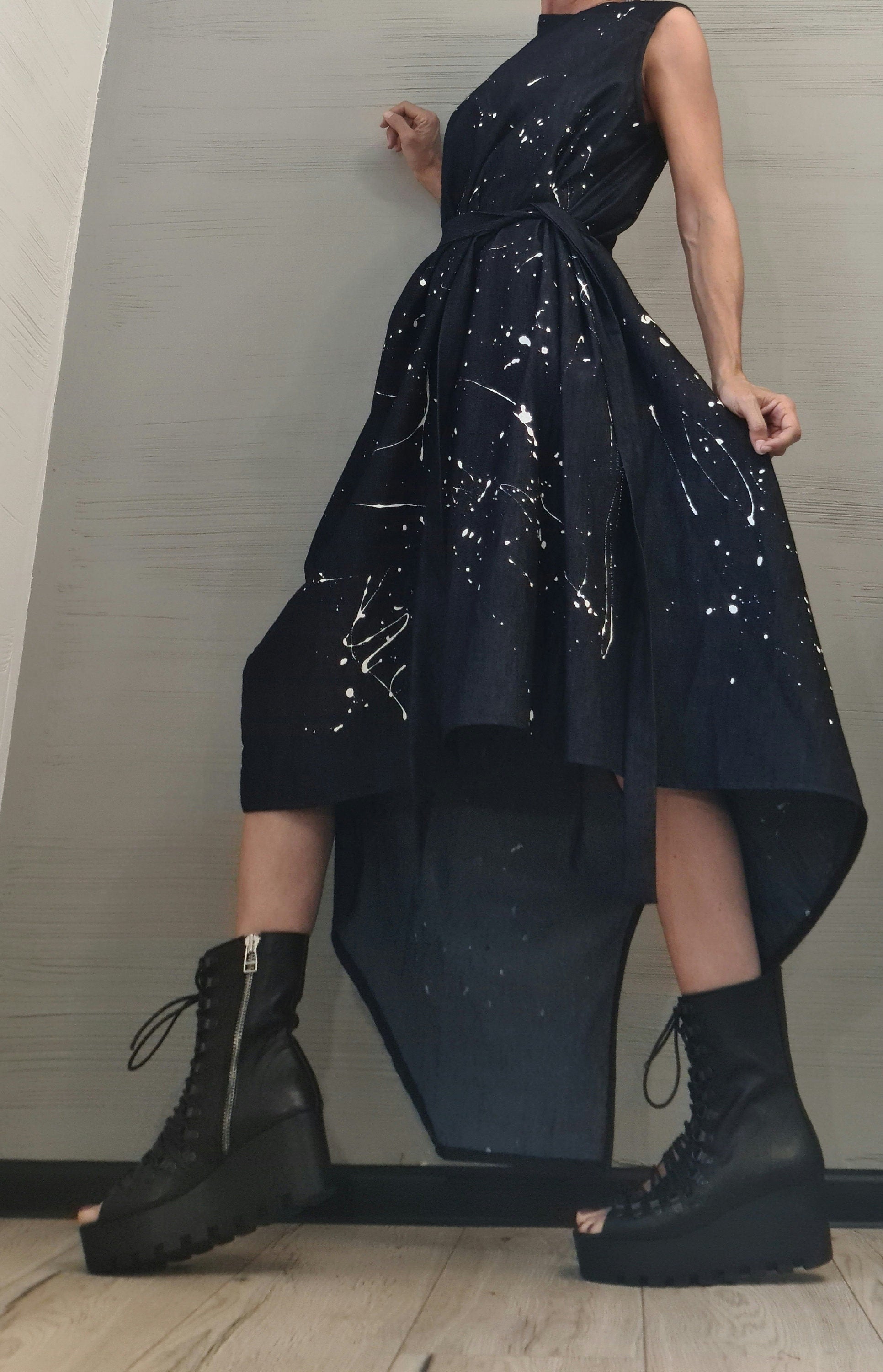 Denim Dress, Asymmetric Dress, Spray paint, Oversize Dress, Sleeveless Dress, Extravagant Dress, Plus Size Dress, Avant-garde