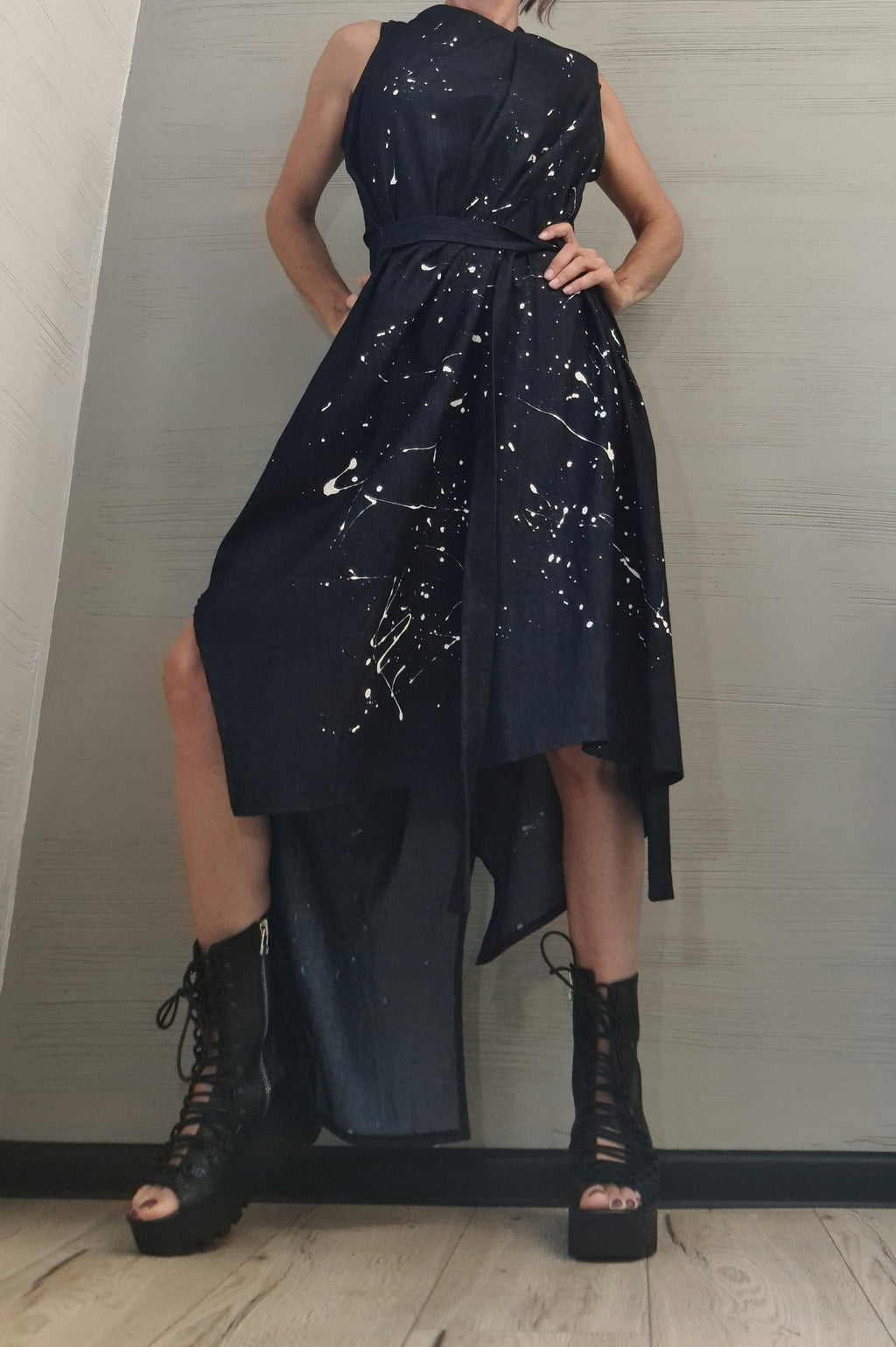 Denim Dress, Asymmetric Dress, Spray paint, Oversize Dress, Sleeveless Dress, Extravagant Dress, Plus Size Dress, Avant-garde