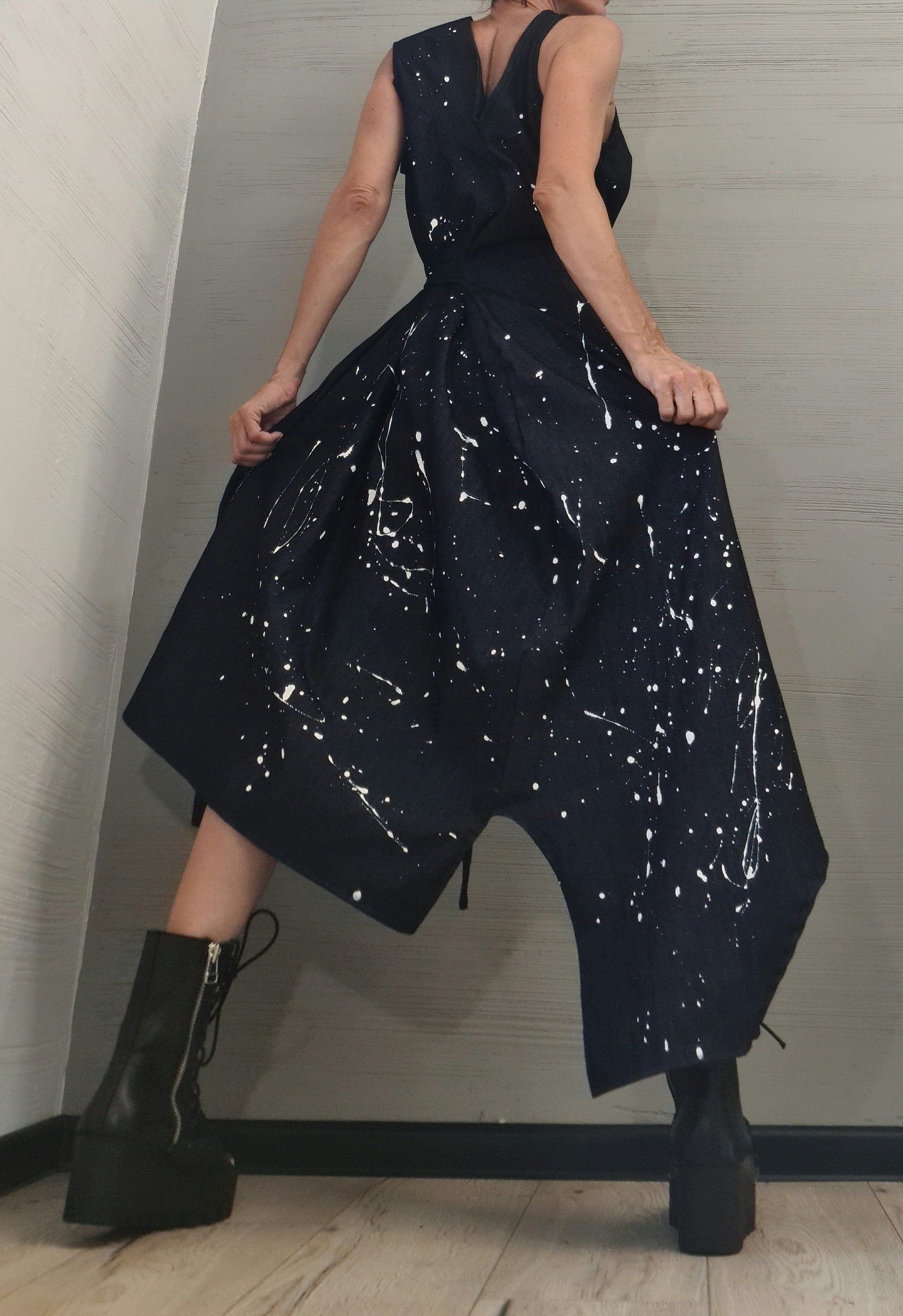 Denim Dress, Asymmetric Dress, Spray paint, Oversize Dress, Sleeveless Dress, Extravagant Dress, Plus Size Dress, Avant-garde