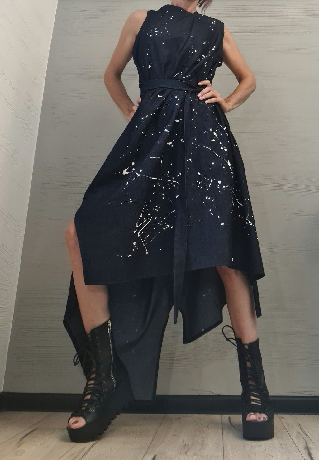 Denim Dress, Asymmetric Dress, Spray paint, Oversize Dress, Sleeveless Dress, Extravagant Dress, Plus Size Dress, Avant-garde