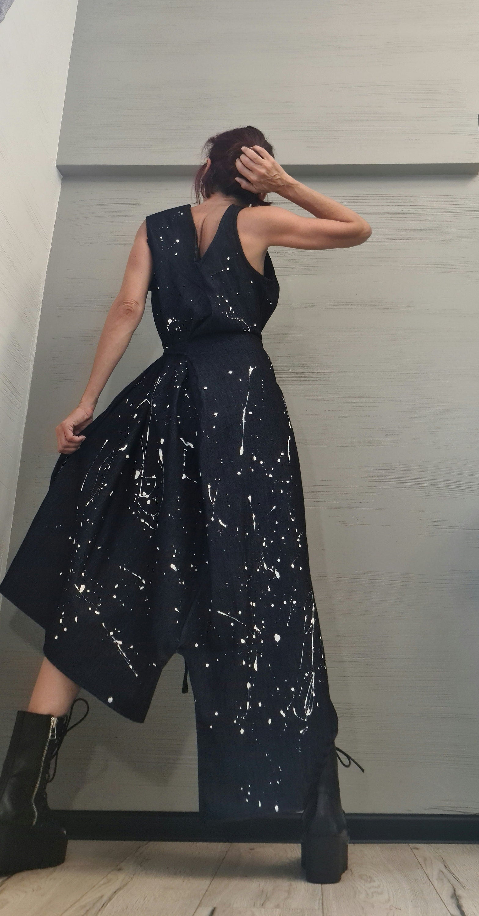 Denim Dress, Asymmetric Dress, Spray paint, Oversize Dress, Sleeveless Dress, Extravagant Dress, Plus Size Dress, Avant-garde