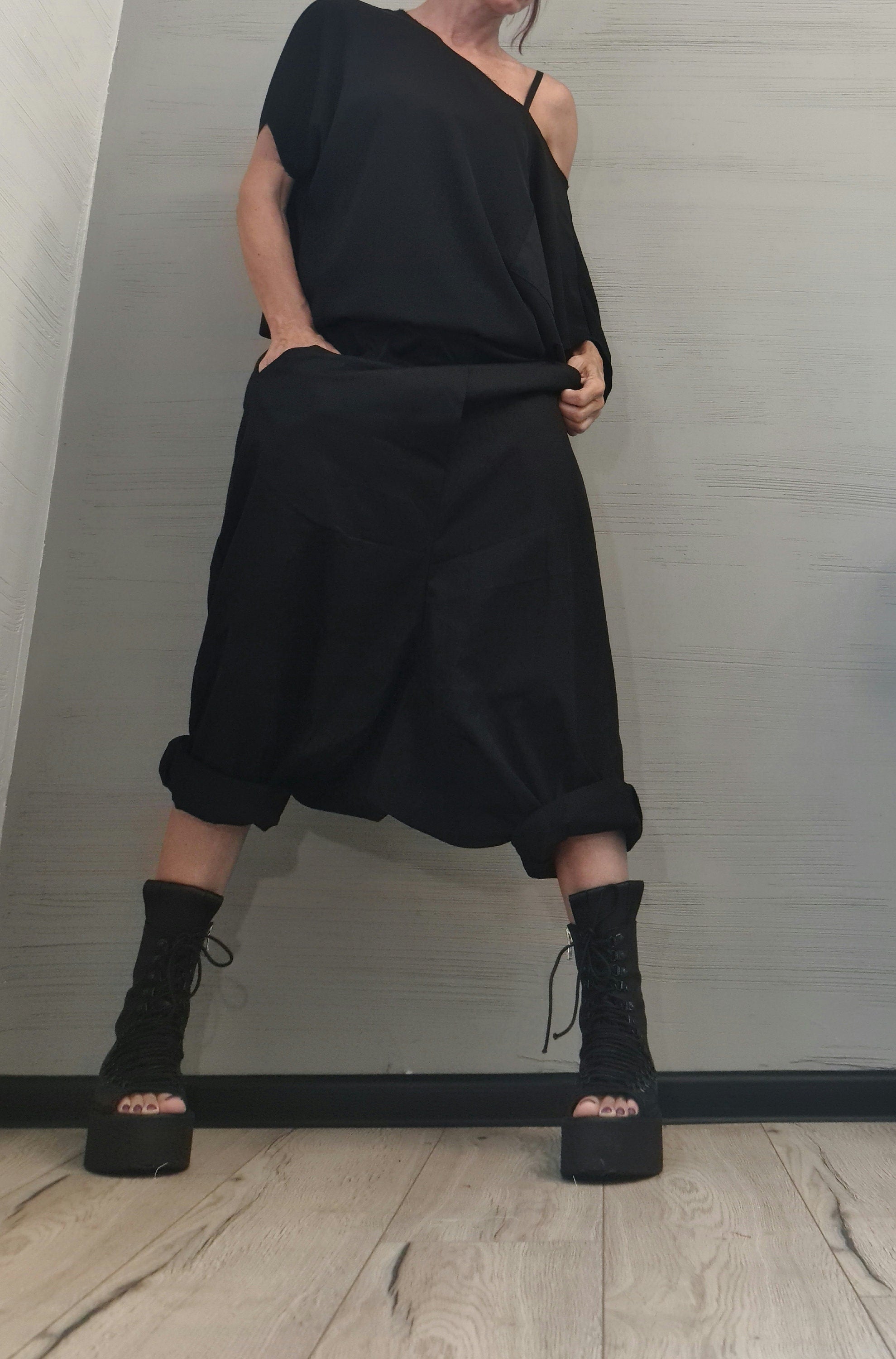Avant-garde Black Harem Jumpsuit, Loose Jumpsuit, Drop Crotch Jumpsuit, Plus Size Clothing, Urban Clothing, Oversize Jumpsuit, Gothic