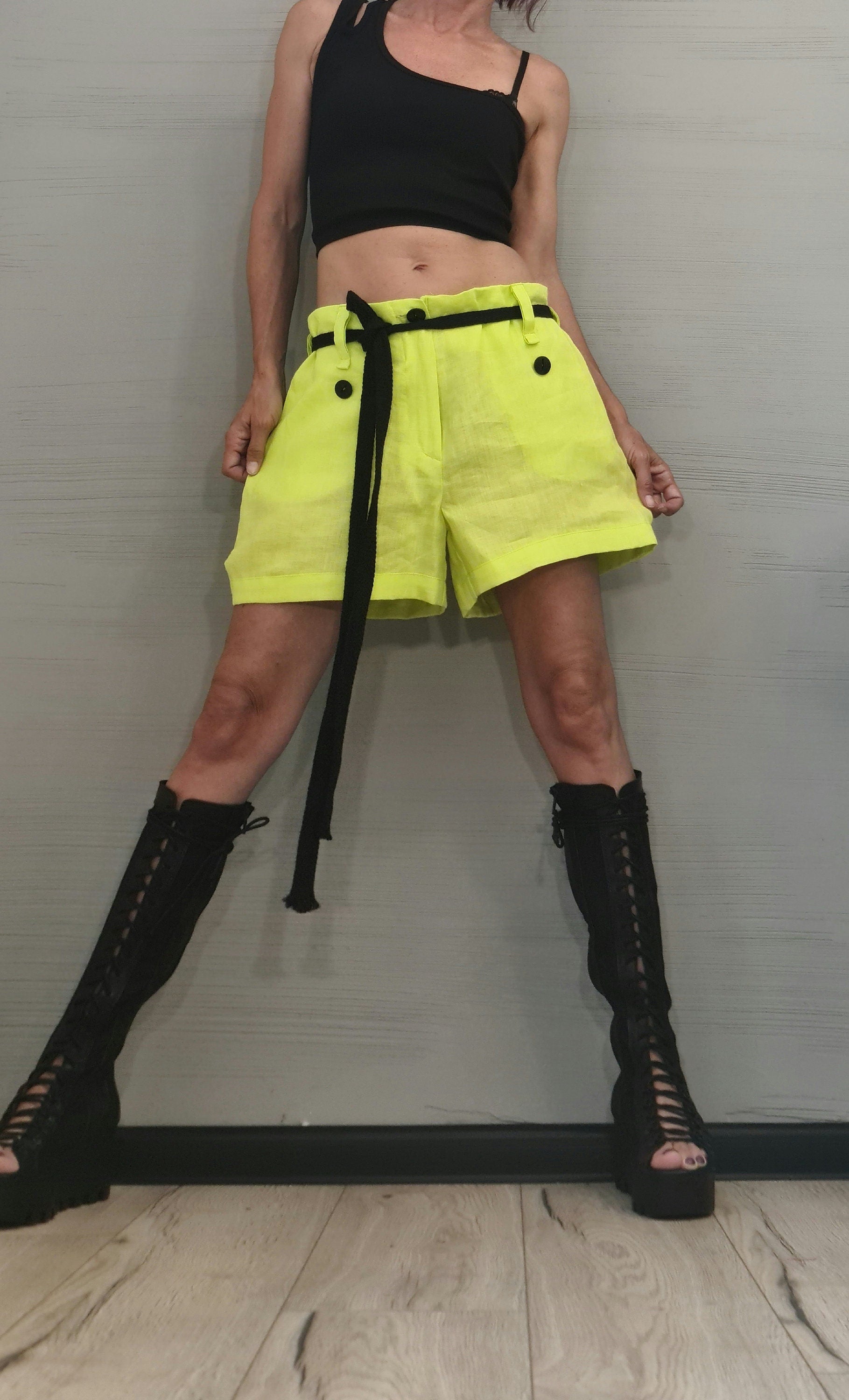 Lime Linen Extravagant Pants, Women Sexy Shorts, Loose Pants, Short Pants, Gothic Pants, Avant Garde Shorts